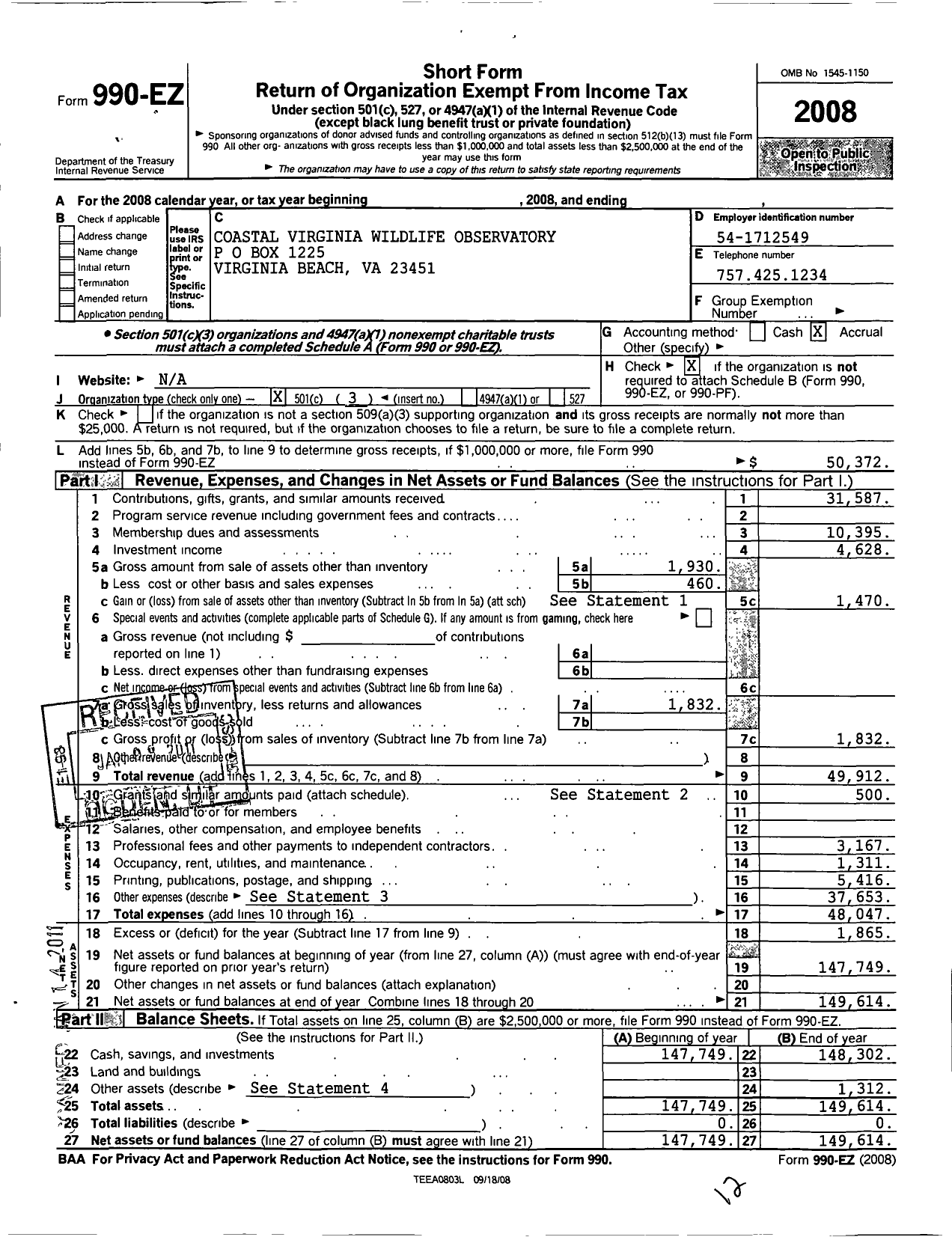 Image of first page of 2008 Form 990EZ for Coastal Virginia Wildlife Observatory