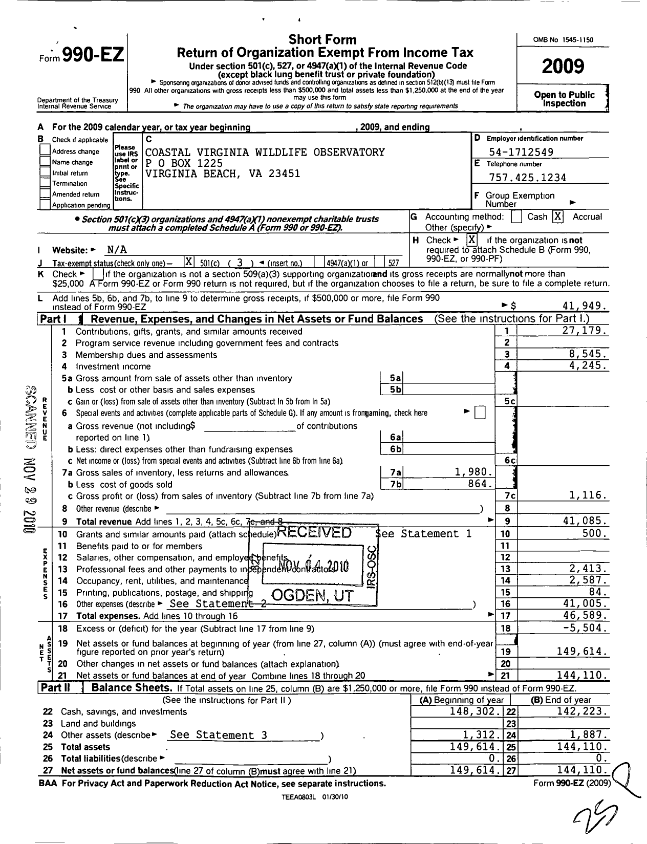 Image of first page of 2009 Form 990EZ for Coastal Virginia Wildlife Observatory