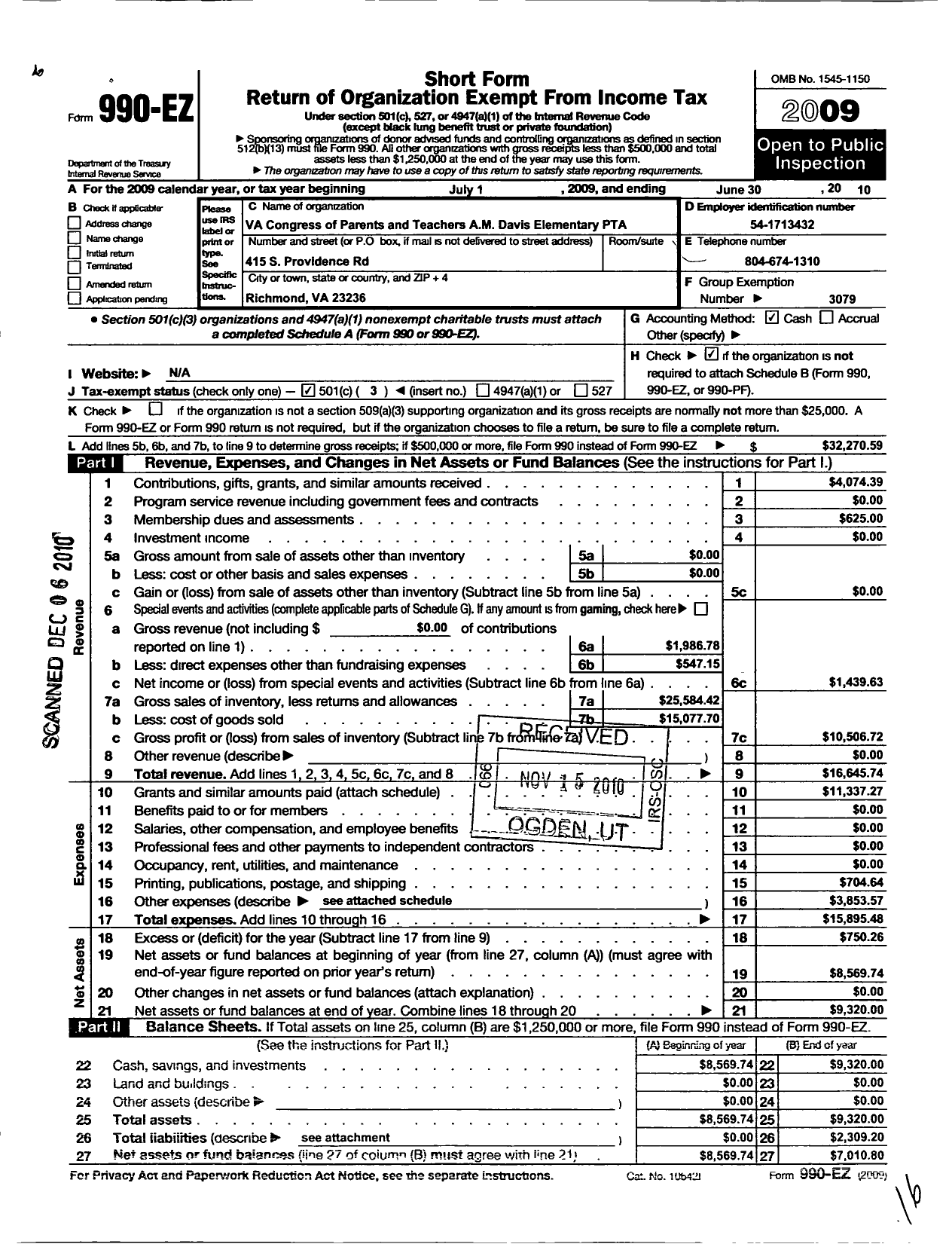 Image of first page of 2009 Form 990EZ for Virginia PTA - A M Davis Elementary PTA