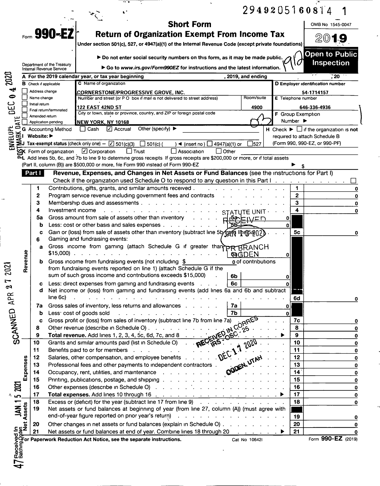 Image of first page of 2019 Form 990EZ for Cornerstone Progressive Grove