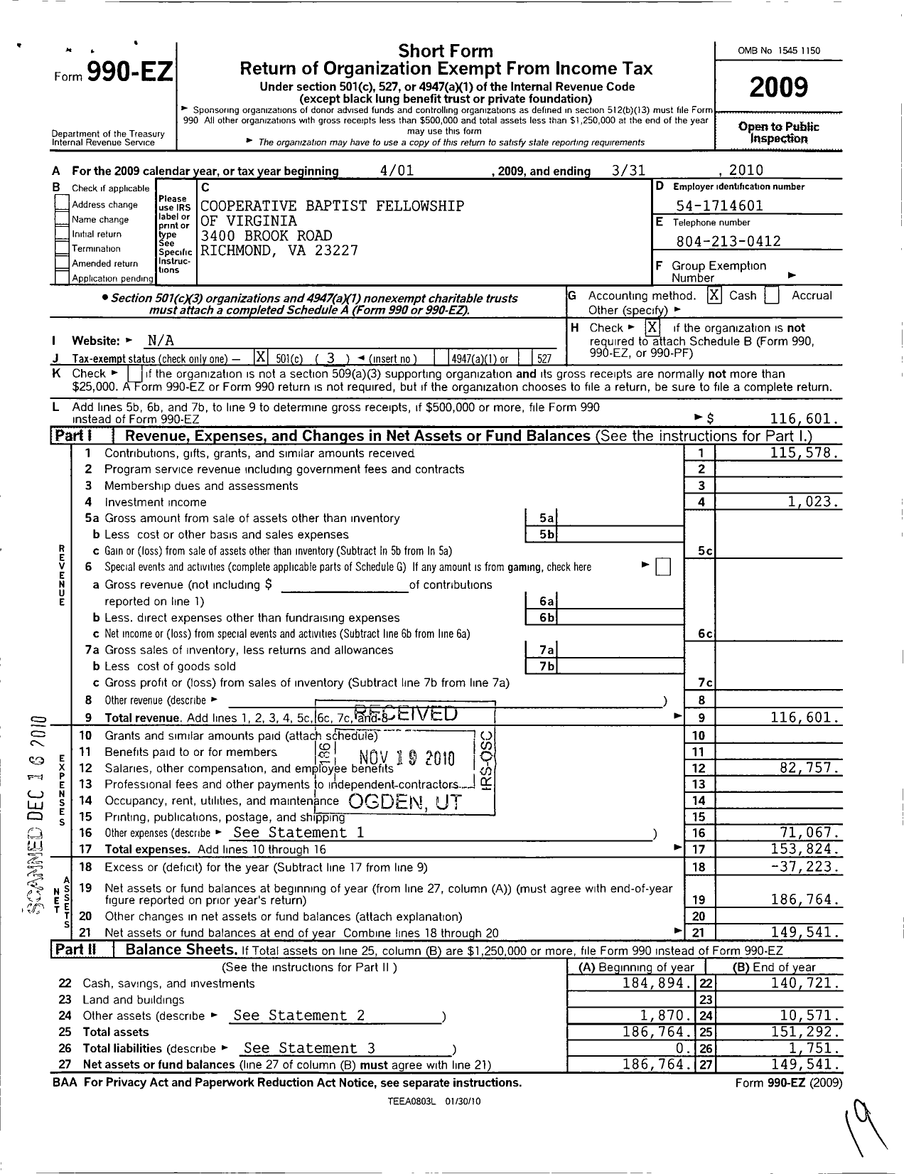 Image of first page of 2009 Form 990EZ for Cooperative Baptist Fellowship of Virginia