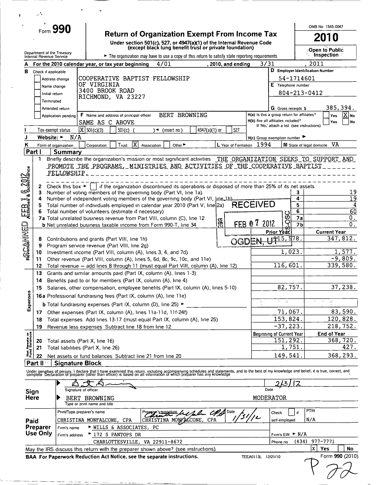 Image of first page of 2010 Form 990 for Cooperative Baptist Fellowship of Virginia