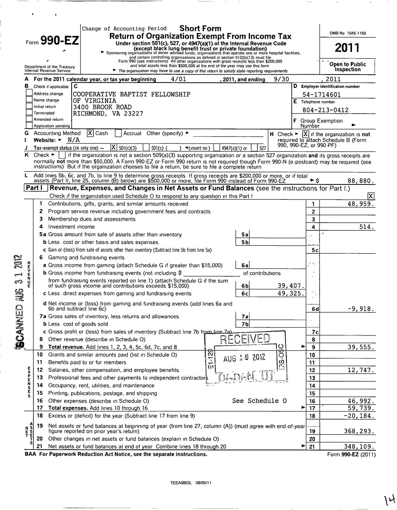 Image of first page of 2010 Form 990EZ for Cooperative Baptist Fellowship of Virginia