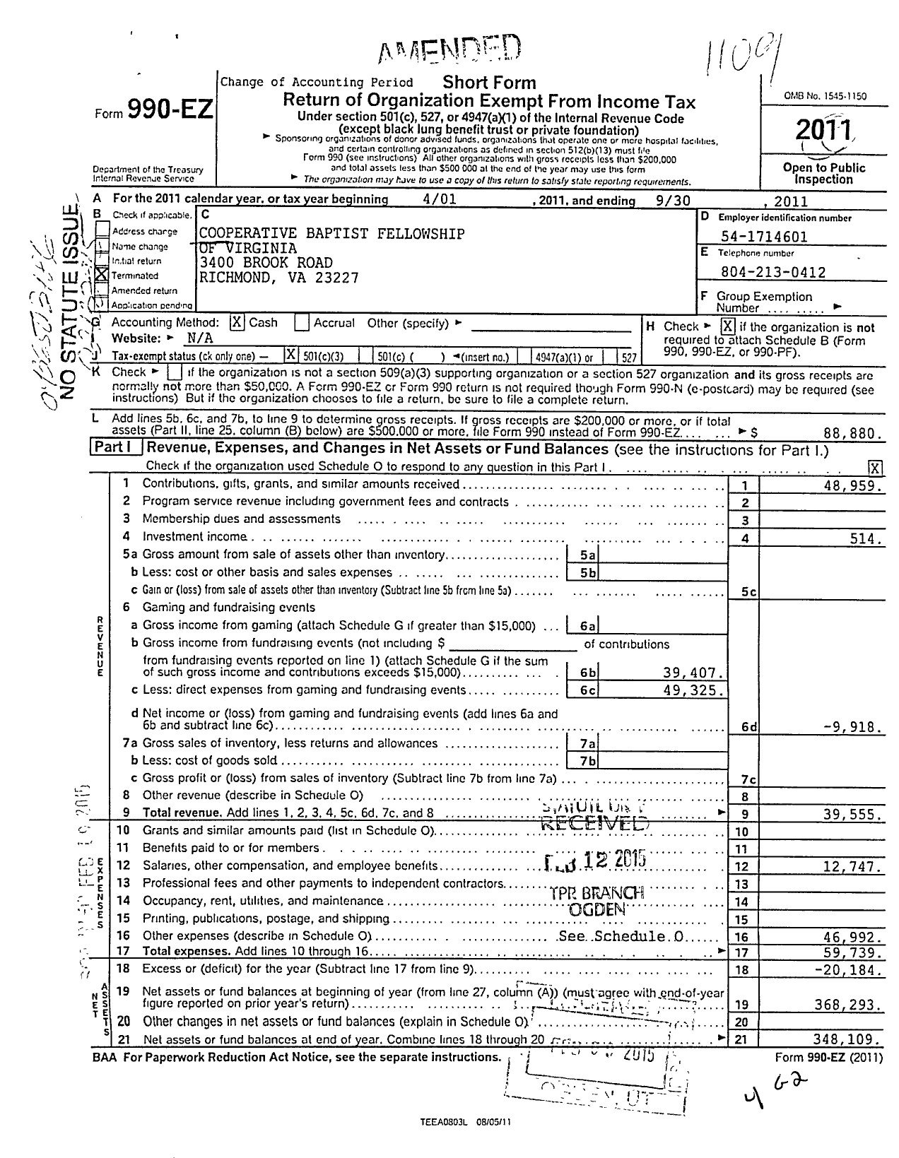 Image of first page of 2010 Form 990EZ for Cooperative Baptist Fellowship of Virginia