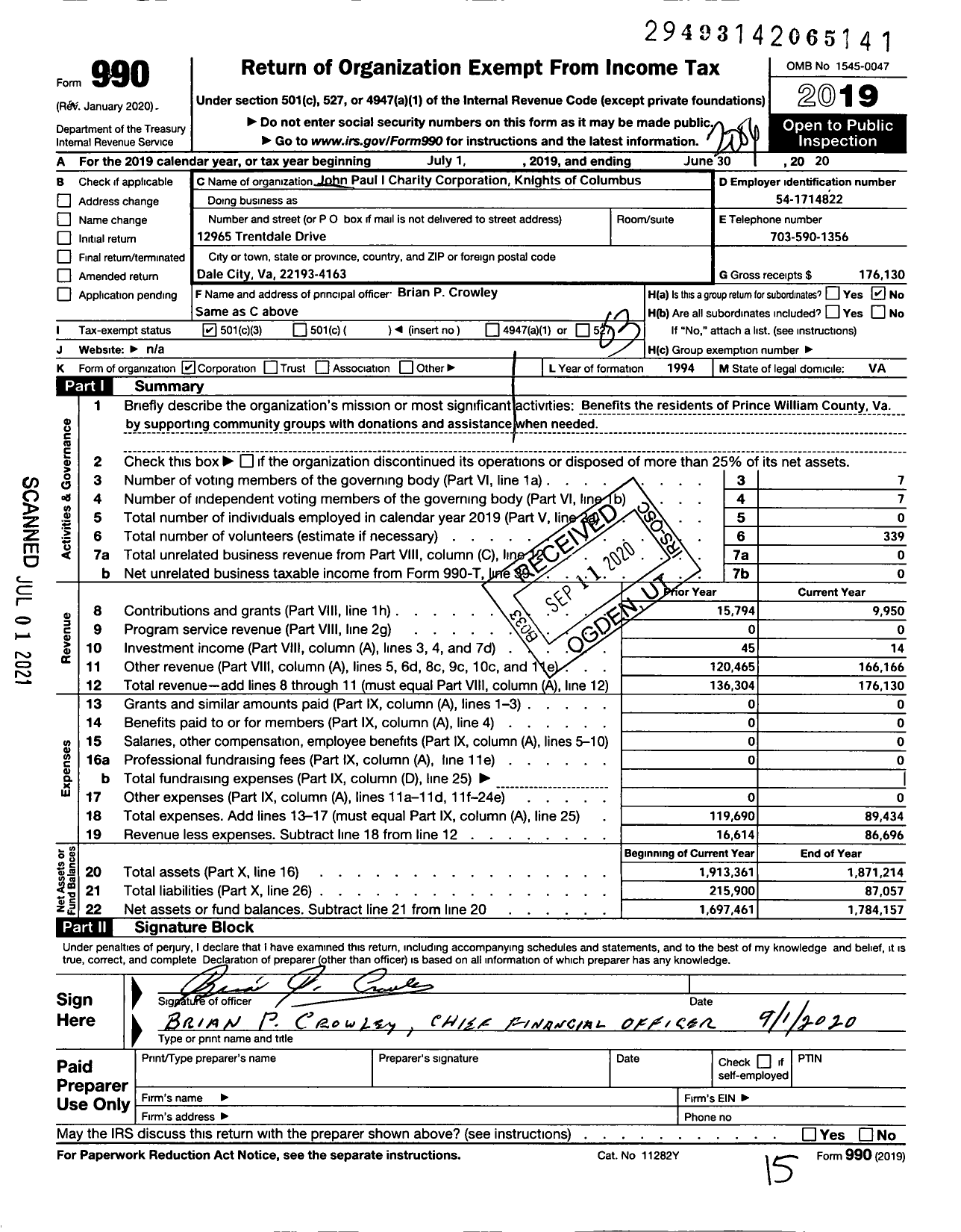 Image of first page of 2019 Form 990 for John Paul I Knights of Columbus Charity Corporation