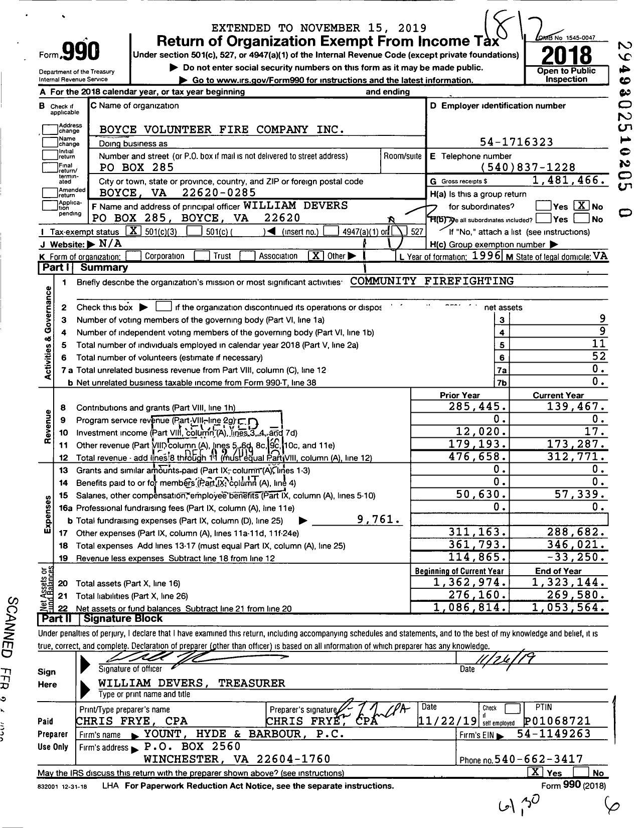 Image of first page of 2018 Form 990 for Boyce Volunteer Fire Company