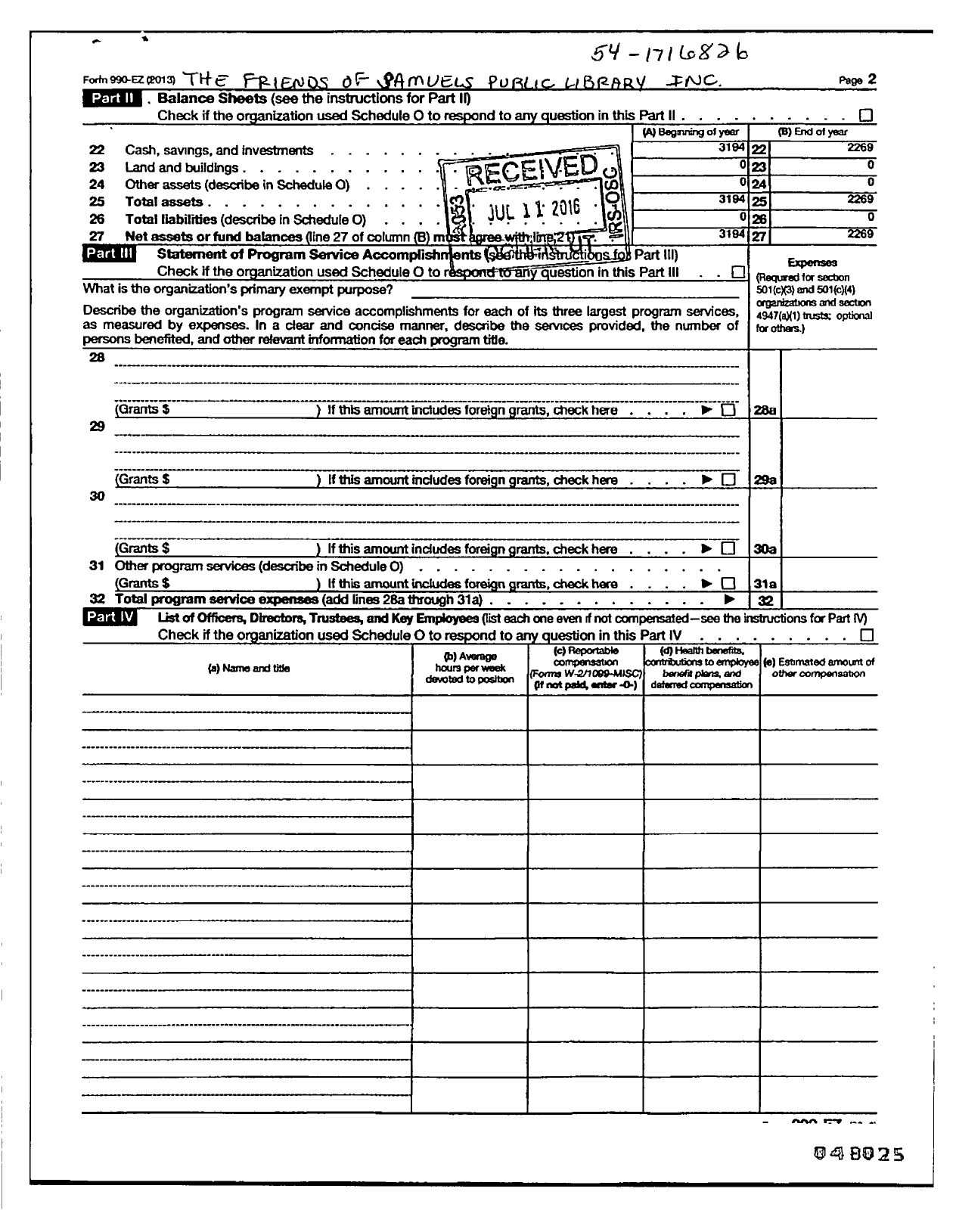 Image of first page of 2013 Form 990ER for Friends of Samuels Public Library