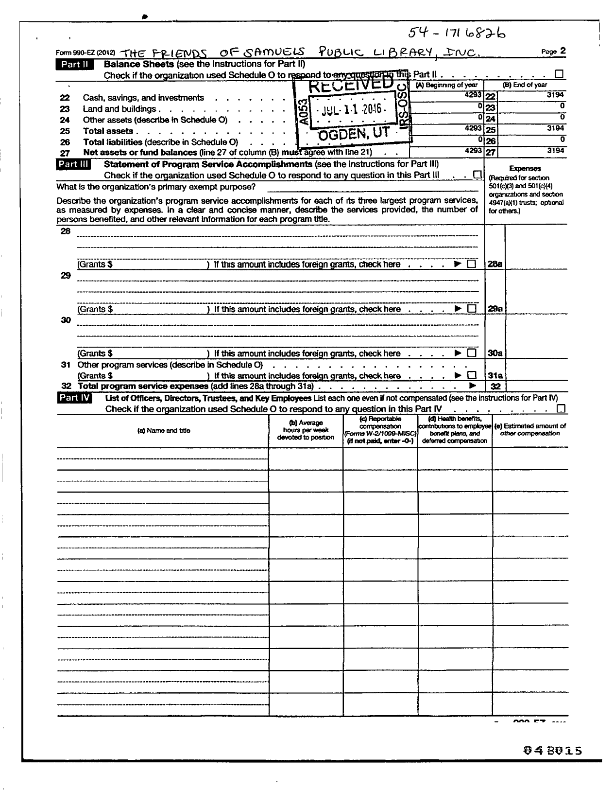 Image of first page of 2012 Form 990ER for Friends of Samuels Public Library