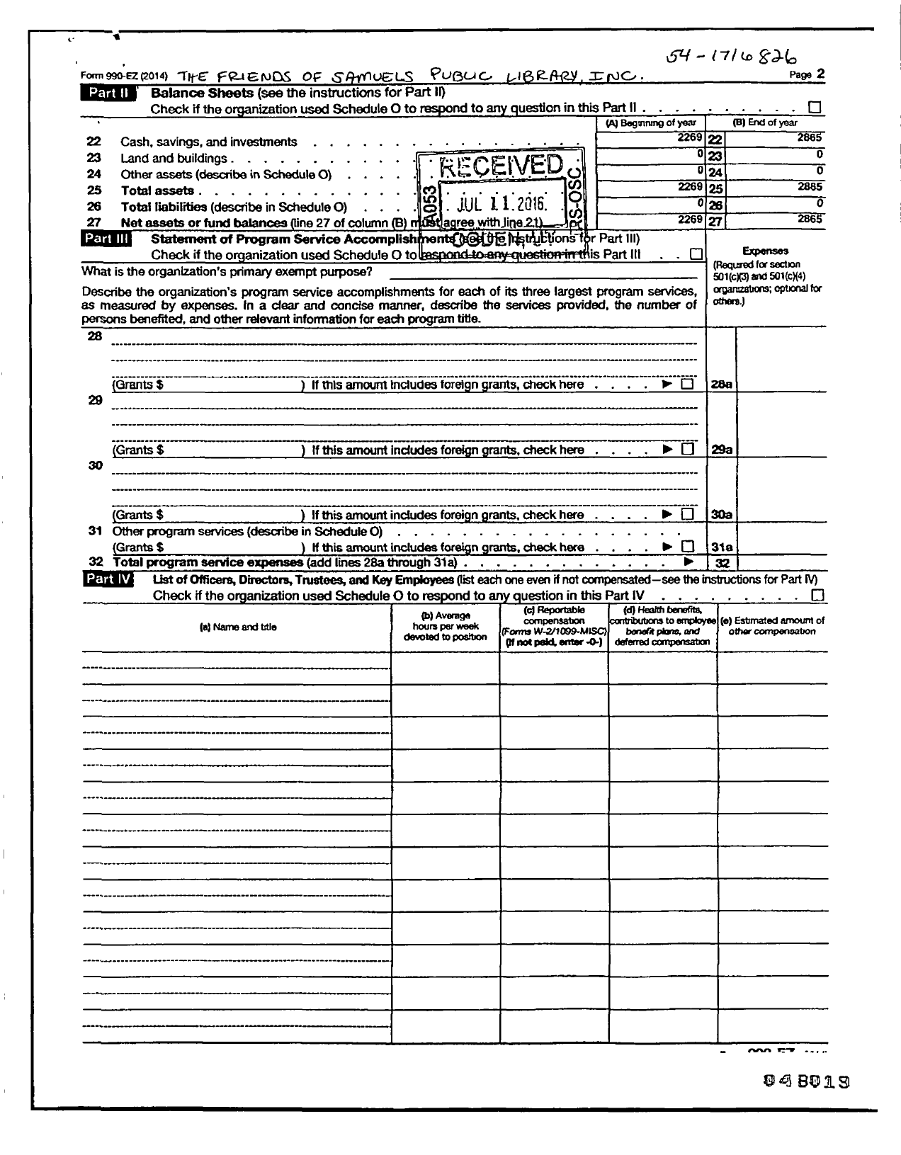 Image of first page of 2014 Form 990ER for Friends of Samuels Public Library