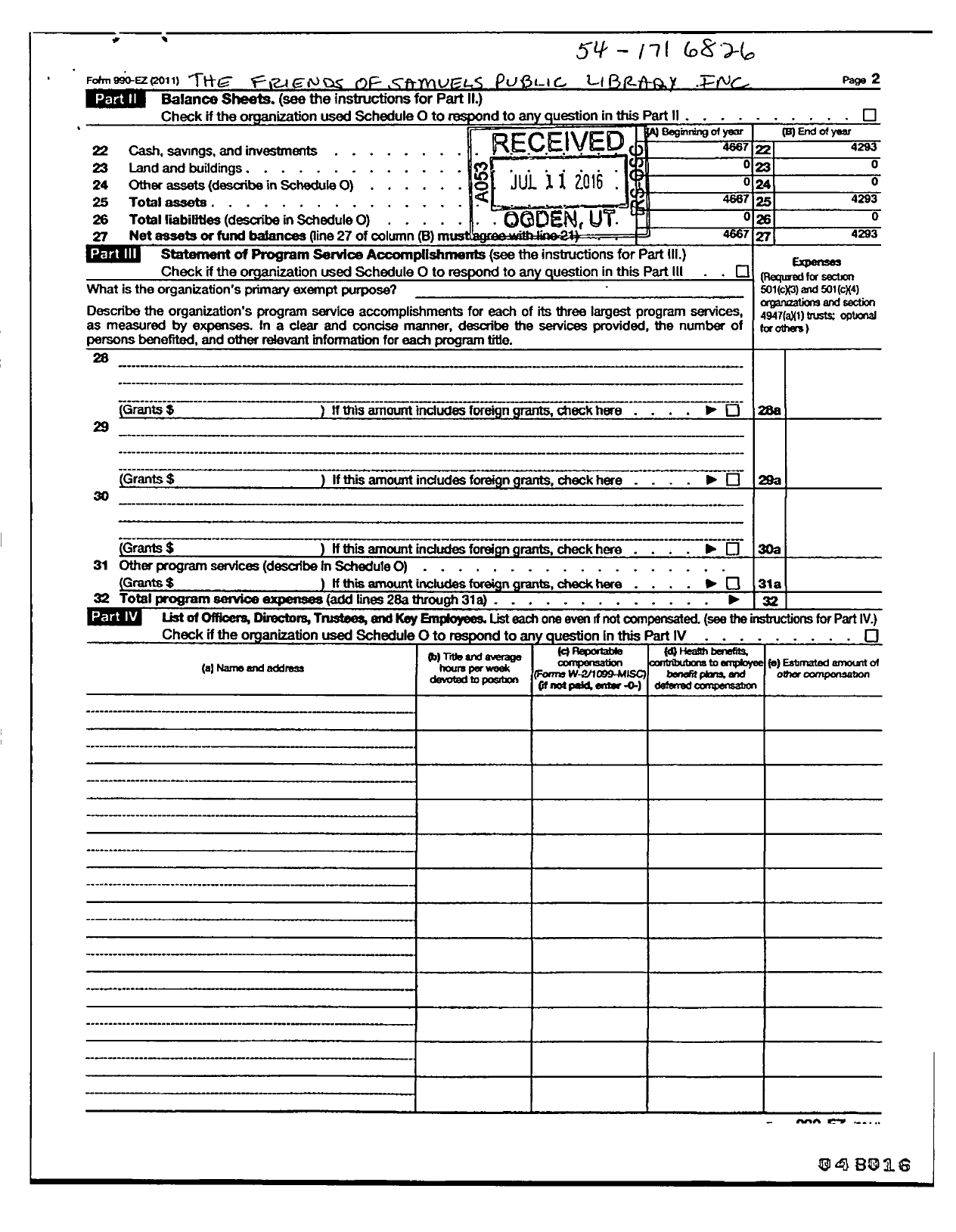 Image of first page of 2011 Form 990ER for Friends of Samuels Public Library