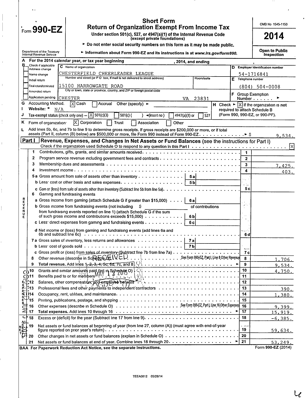 Image of first page of 2014 Form 990EZ for Chesterfield Cheerleader League