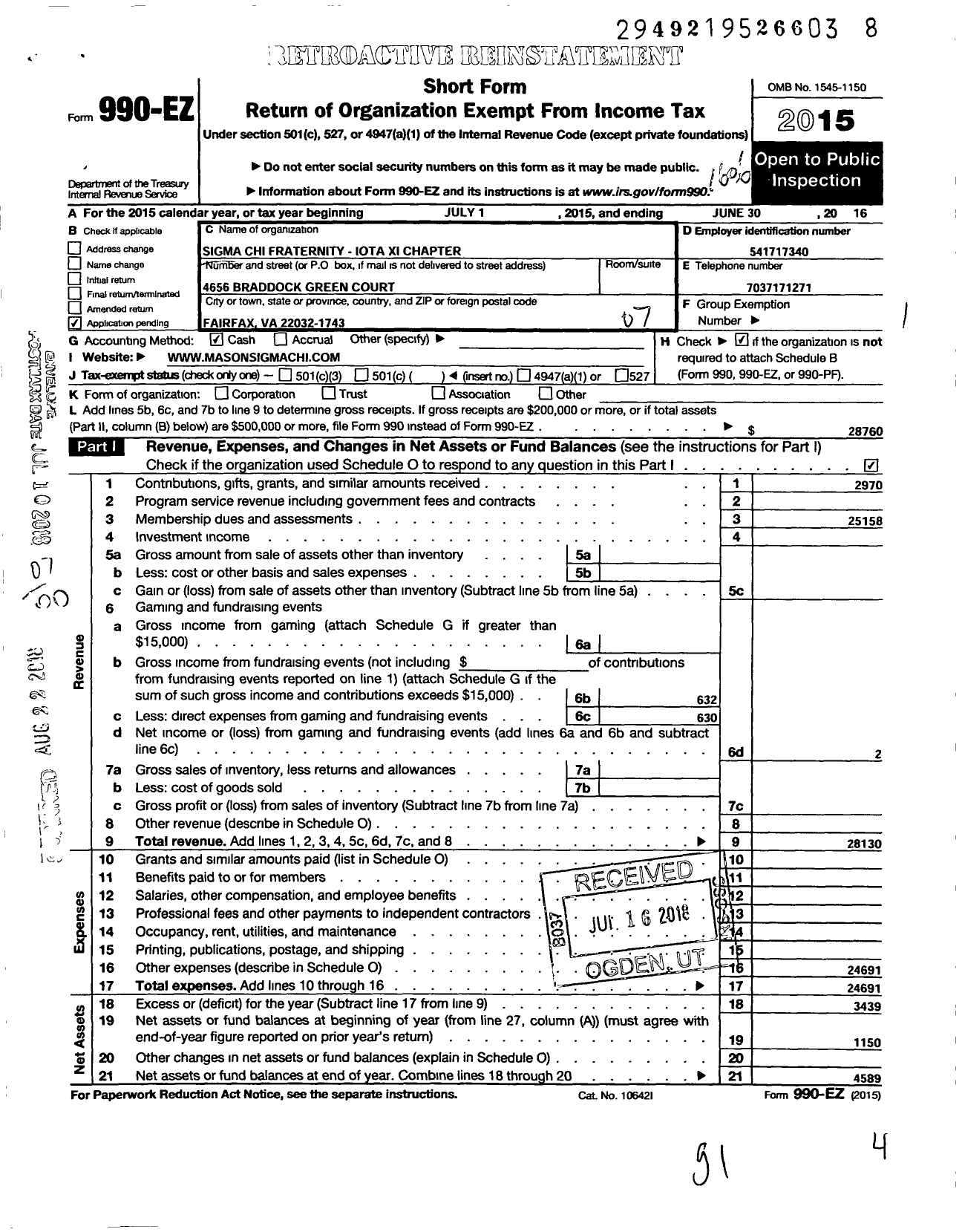 Image of first page of 2015 Form 990EO for Sigma Chi Fraternity Iota Xi Chapter