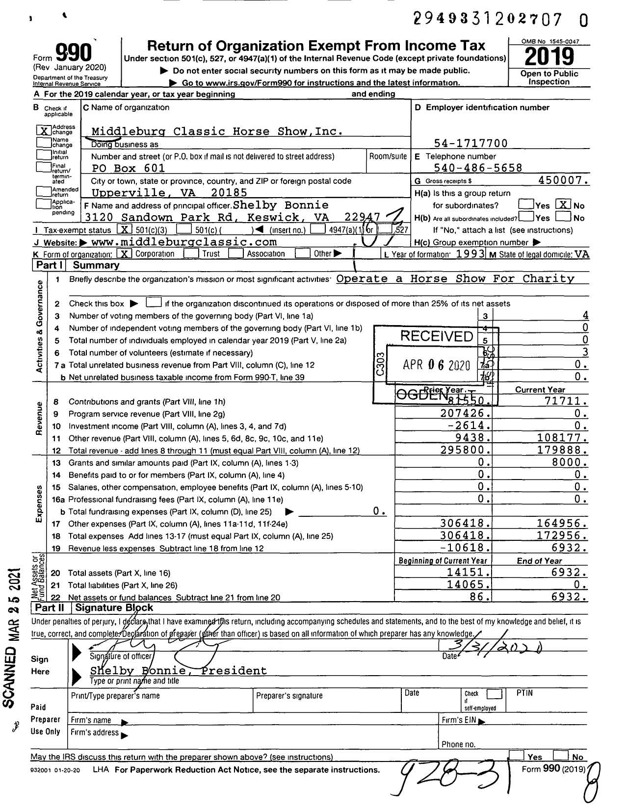 Image of first page of 2019 Form 990 for Middleburg Classic Horse Show
