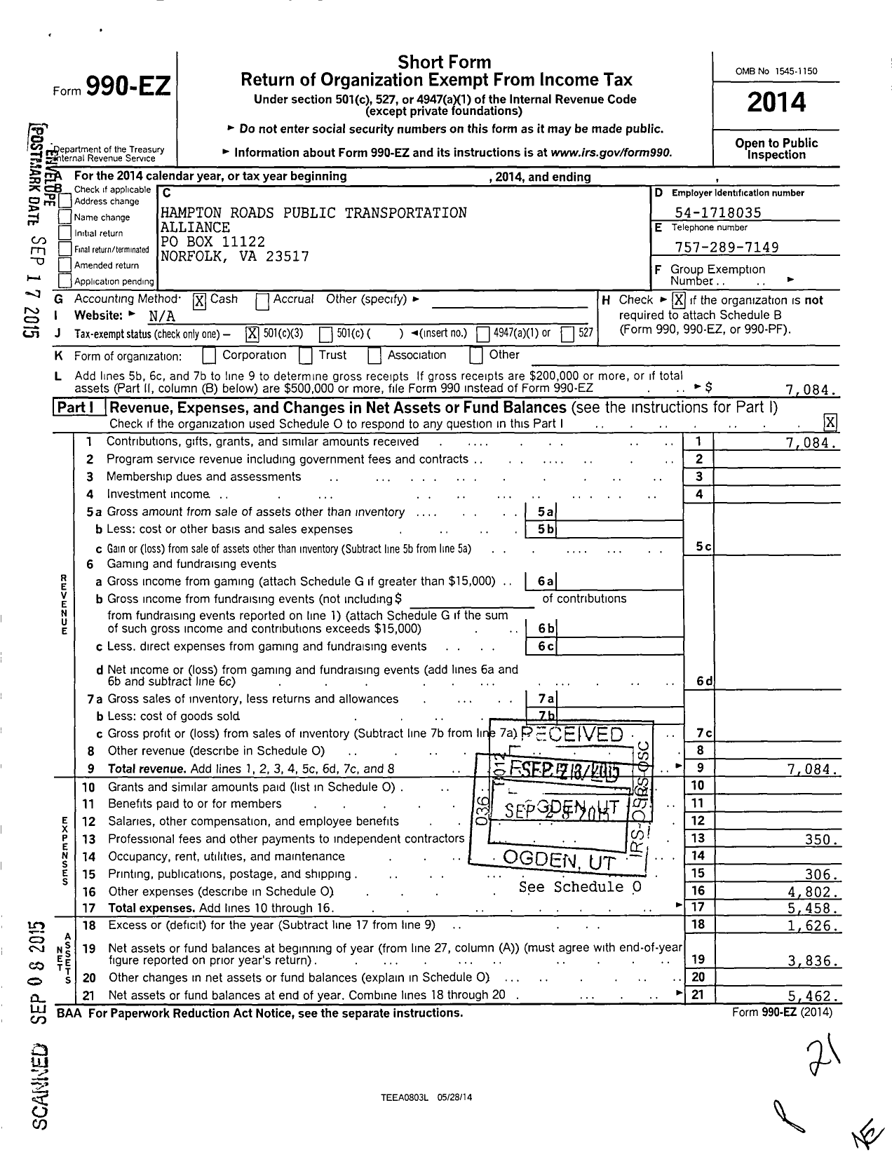 Image of first page of 2014 Form 990EZ for Hampton Roads Public Transportation Alliance