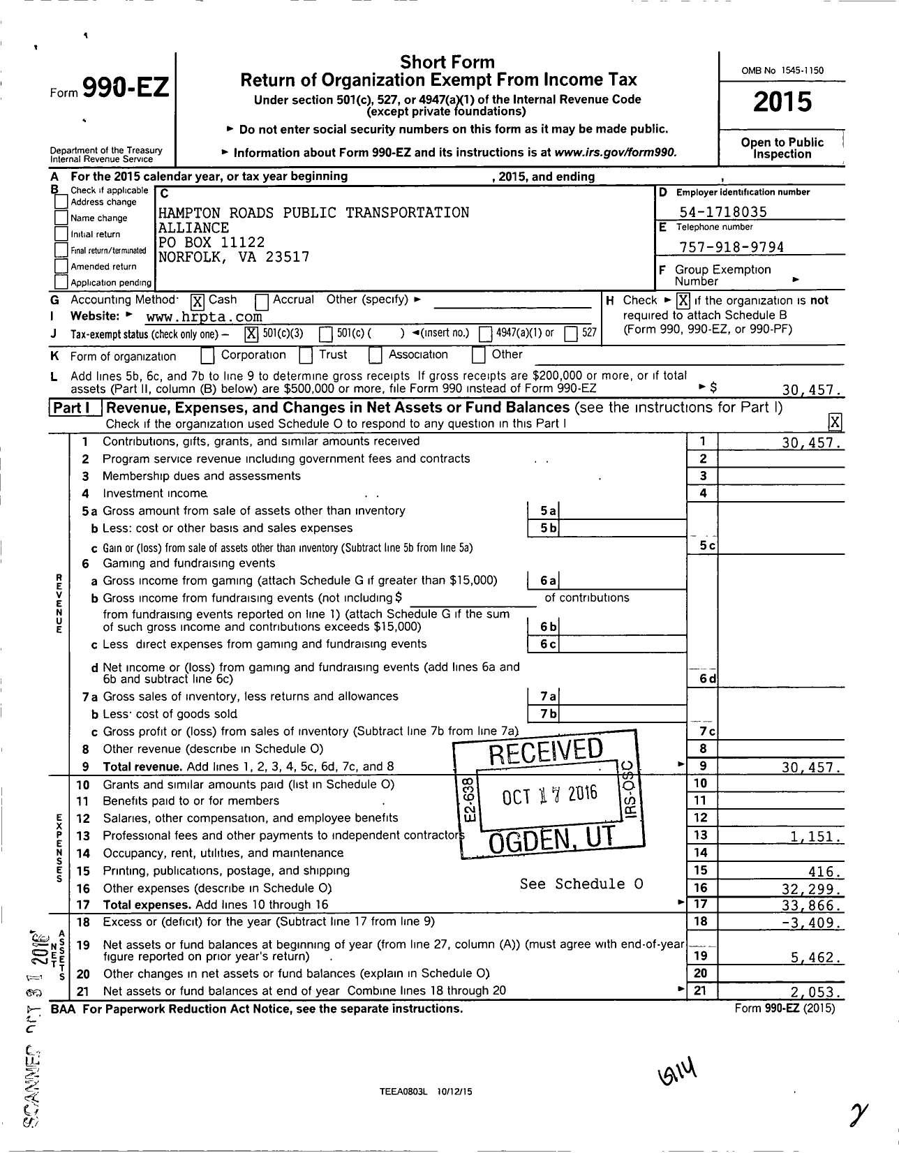 Image of first page of 2015 Form 990EZ for Hampton Roads Public Transportation Alliance