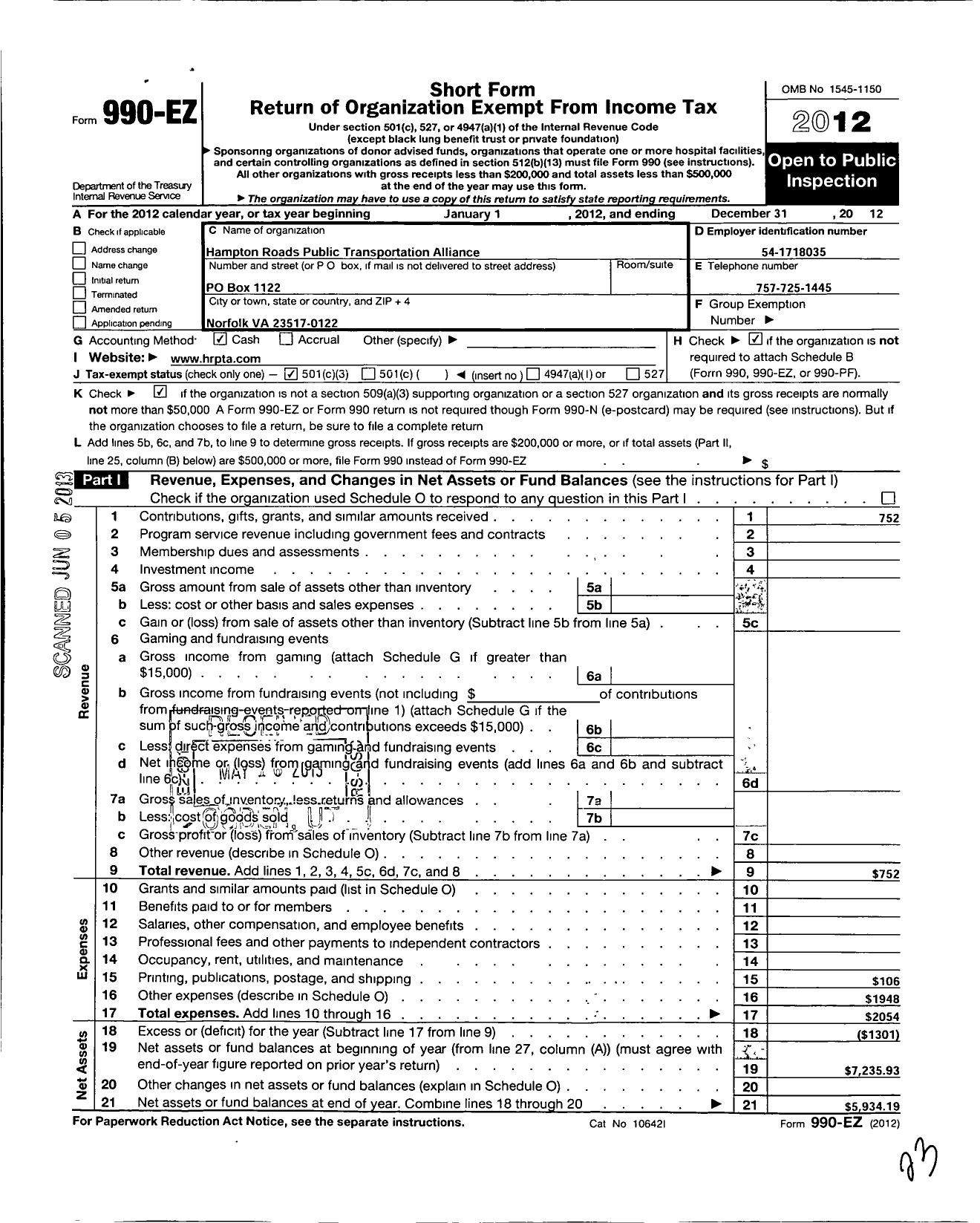 Image of first page of 2012 Form 990EZ for Hampton Roads Public Transportation Alliance