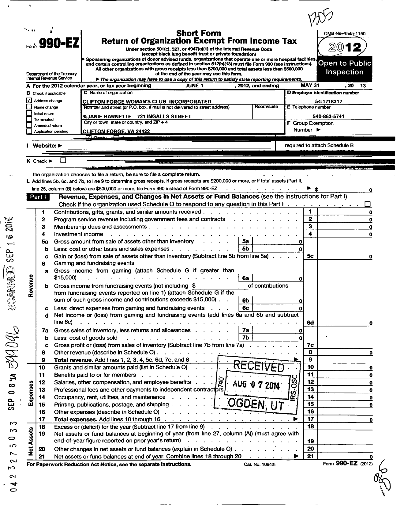 Image of first page of 2012 Form 990EO for Clifton Forge Womans Club Incorporated