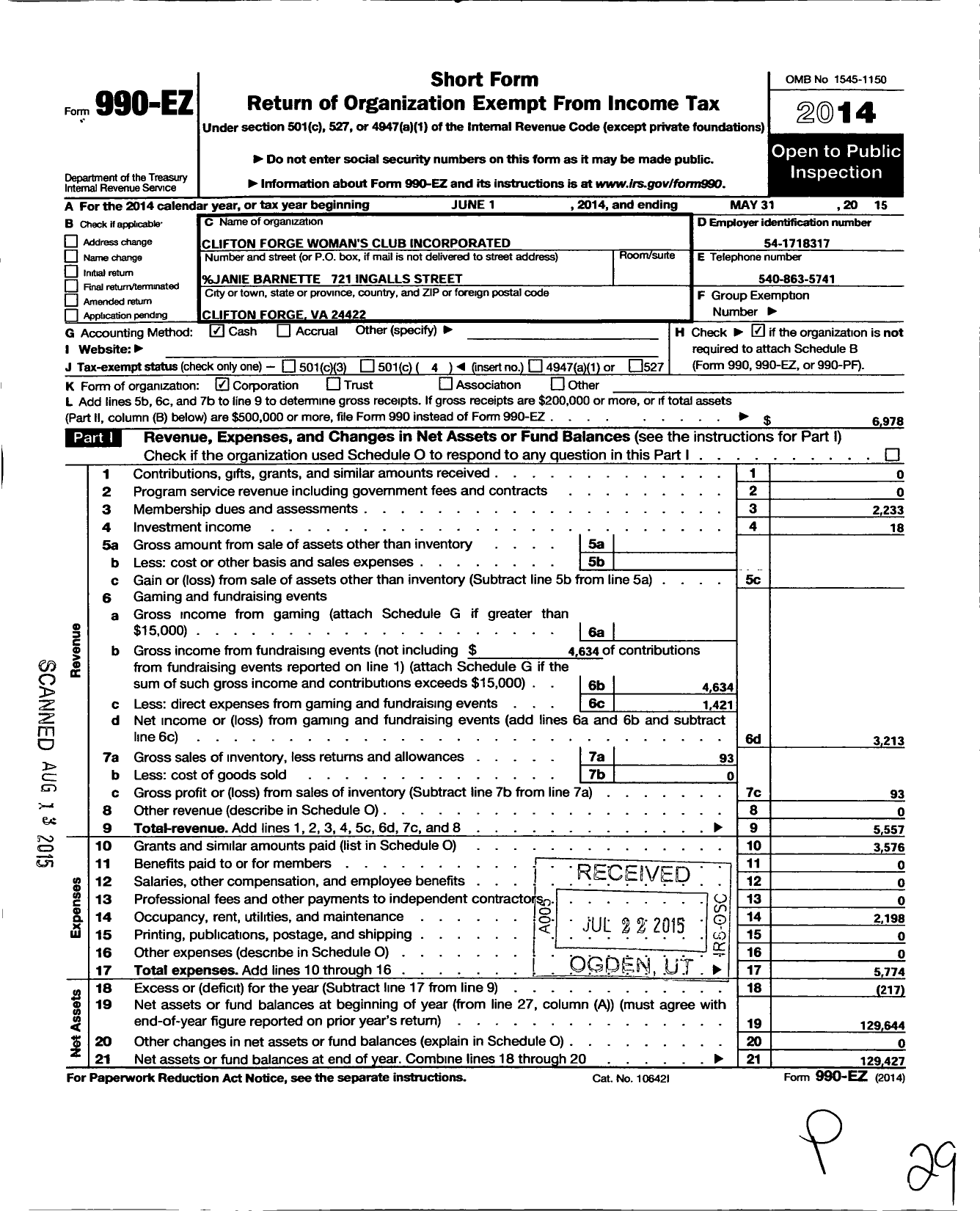 Image of first page of 2014 Form 990EO for Clifton Forge Womans Club Incorporated