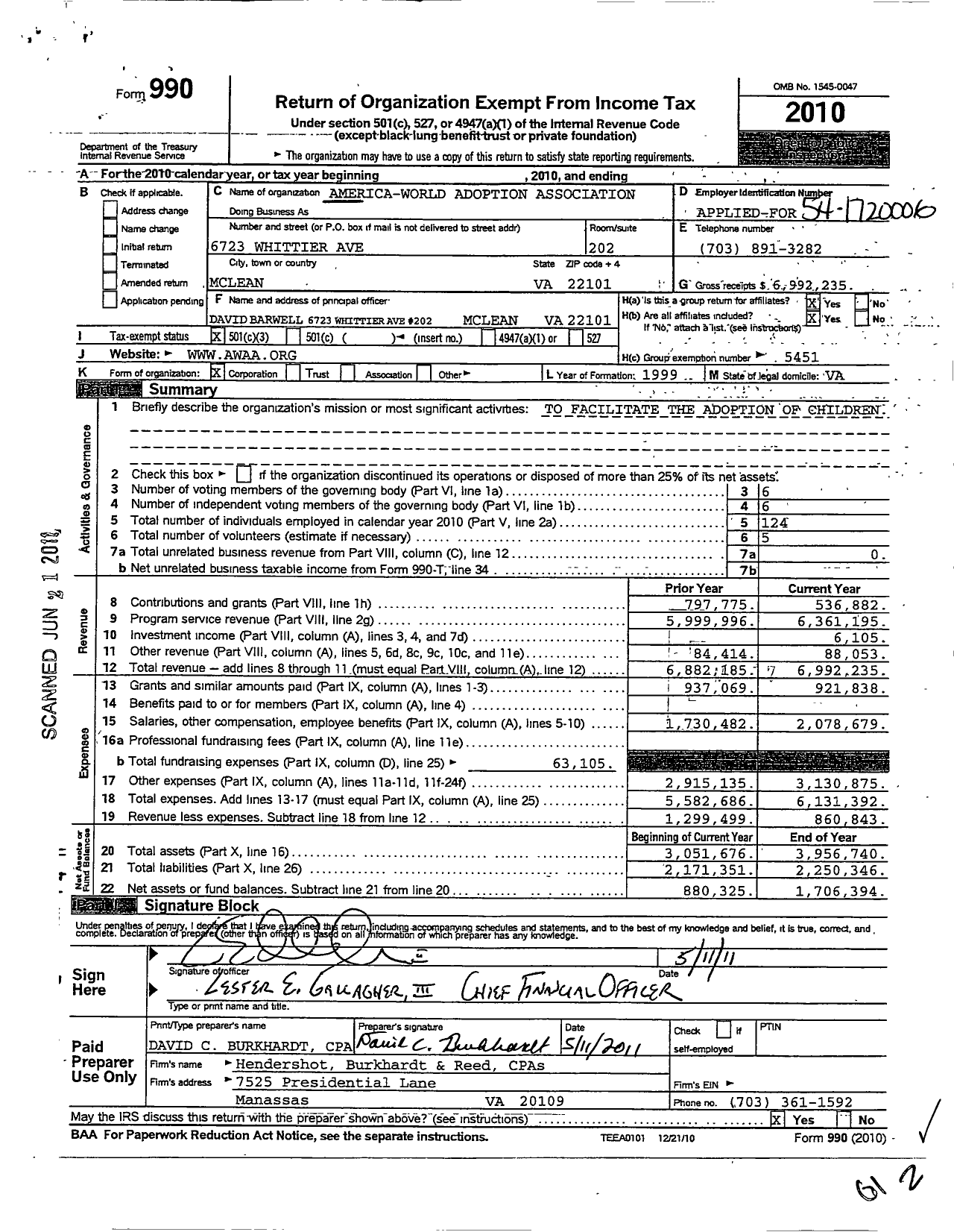 Image of first page of 2010 Form 990 for America World Adoption Association