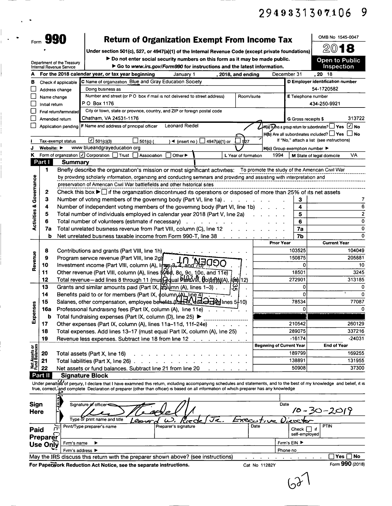 Image of first page of 2018 Form 990 for Blue and Gray Education Society