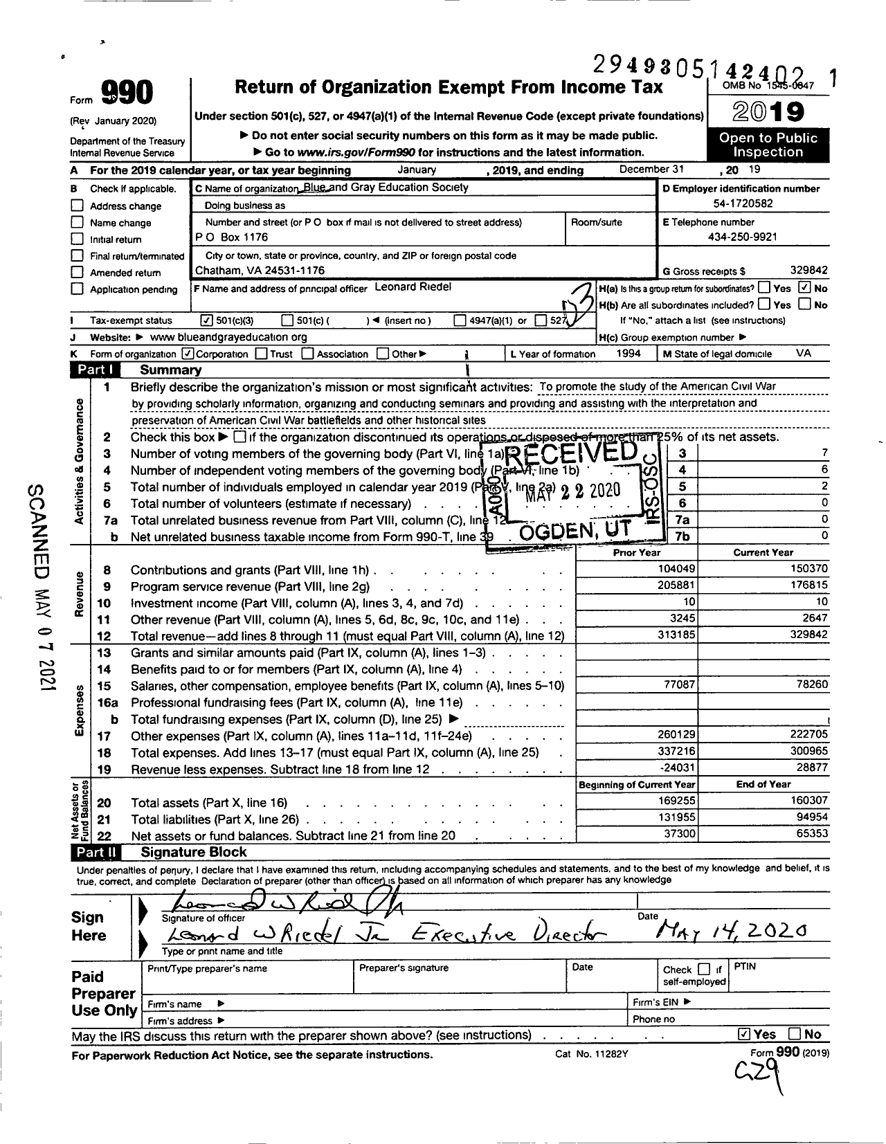 Image of first page of 2019 Form 990 for Blue and Gray Education Society