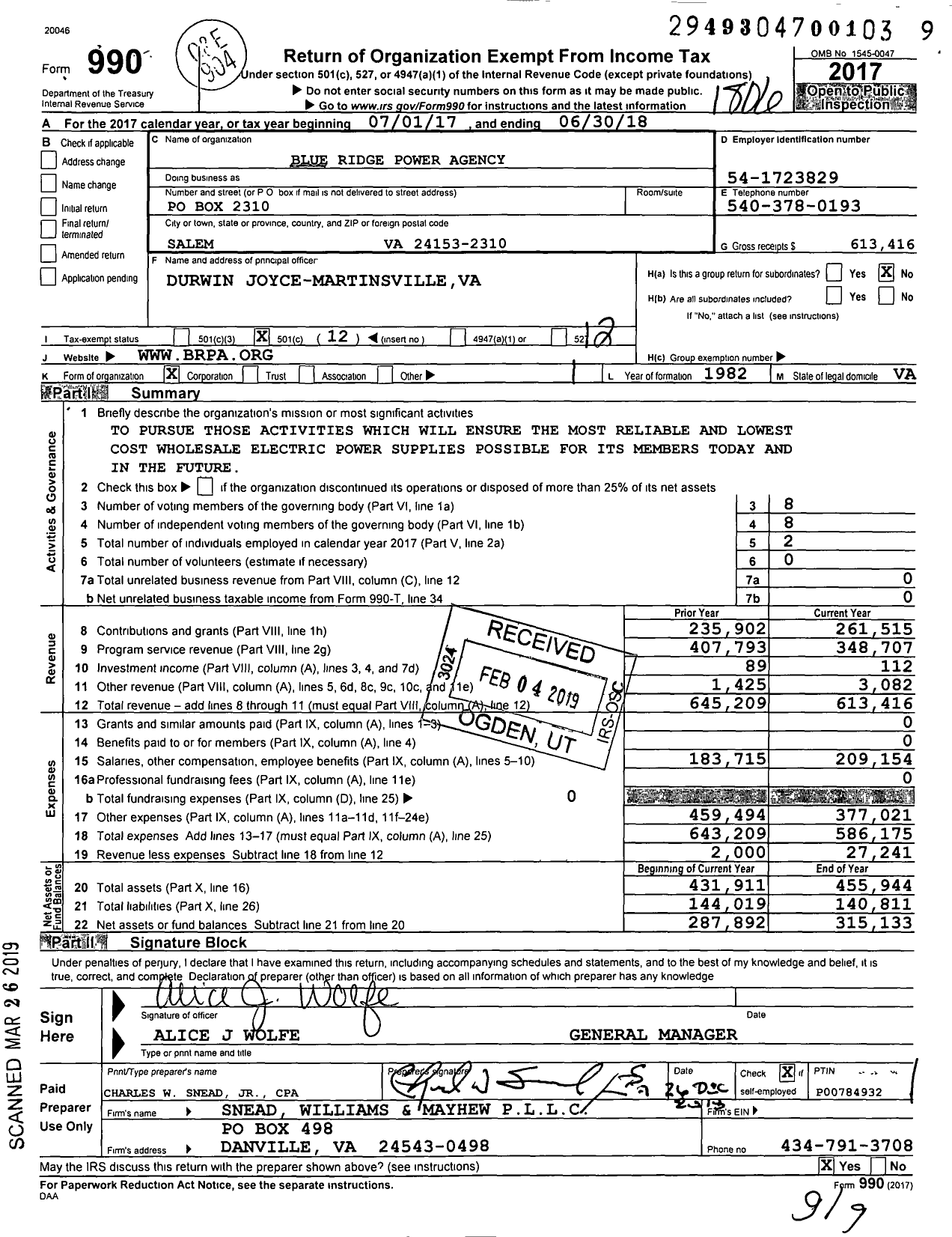 Image of first page of 2017 Form 990O for Blue Ridge Power Agency