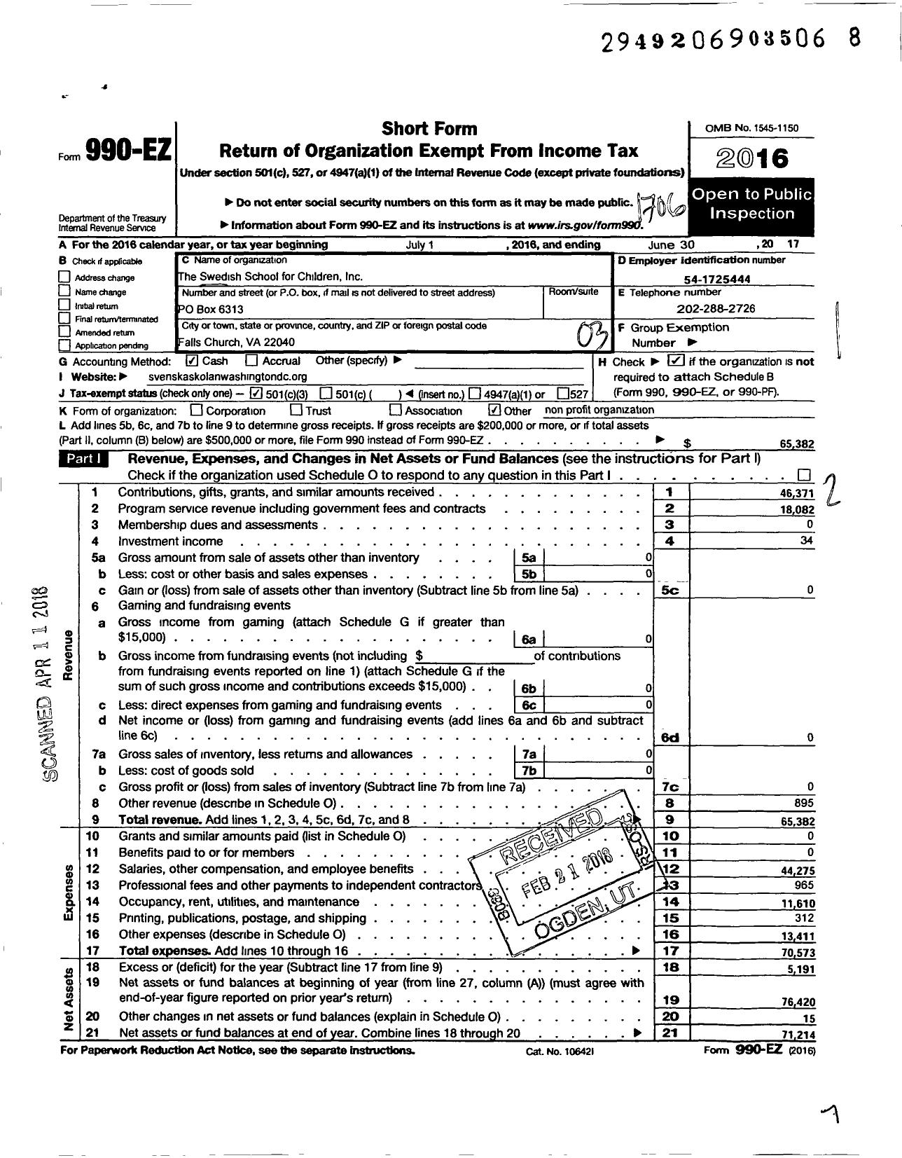 Image of first page of 2016 Form 990EZ for Swedish School for Chldren