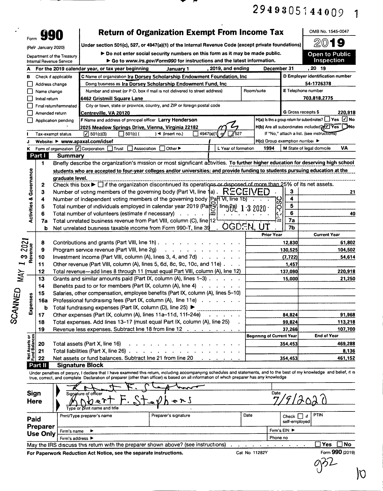 Image of first page of 2019 Form 990 for Ira Dorsey Scholarship Endowment Fund (IDSEF)