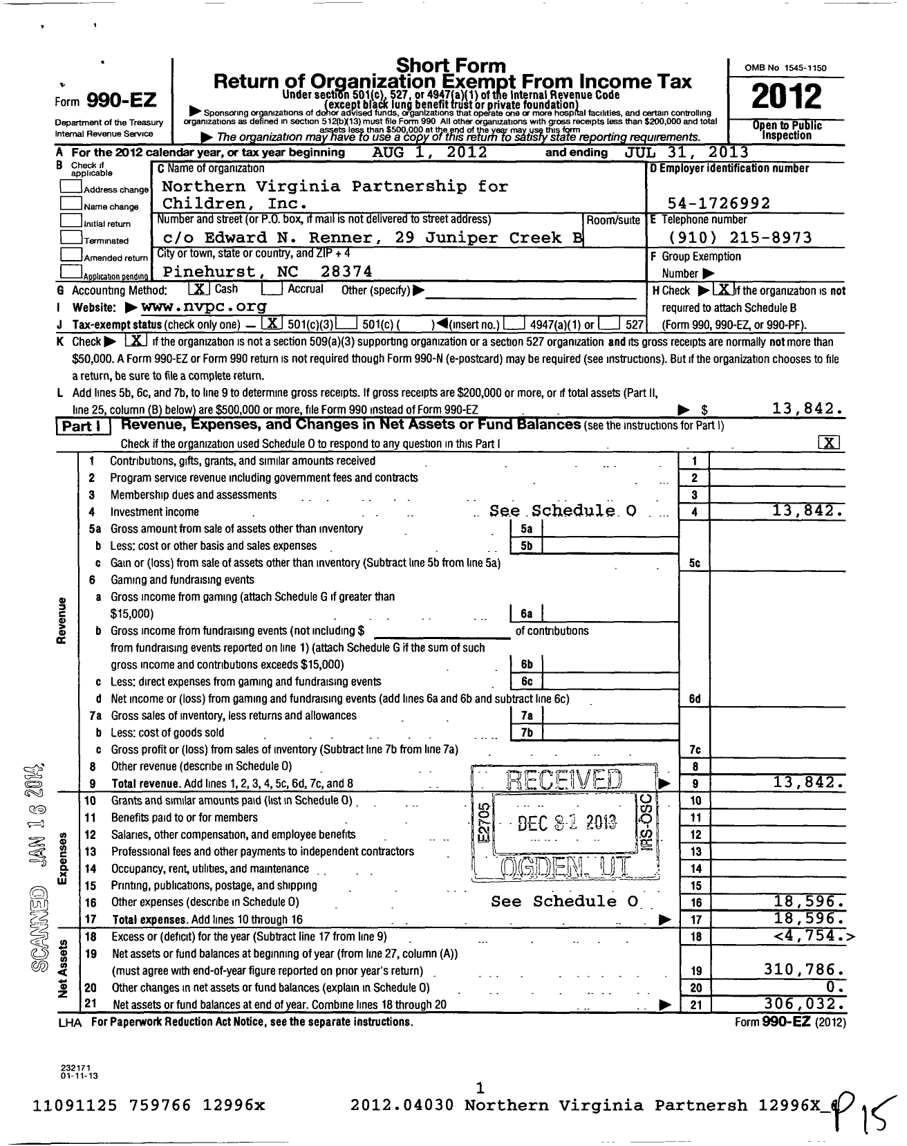 Image of first page of 2012 Form 990EZ for Northern Virginia Partnership for Children