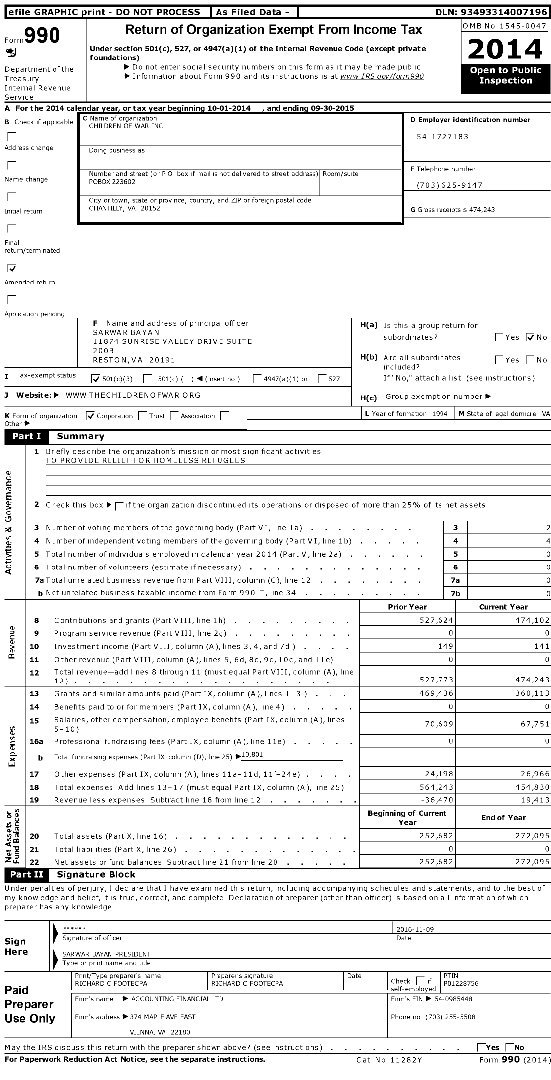 Image of first page of 2014 Form 990 for Children of War