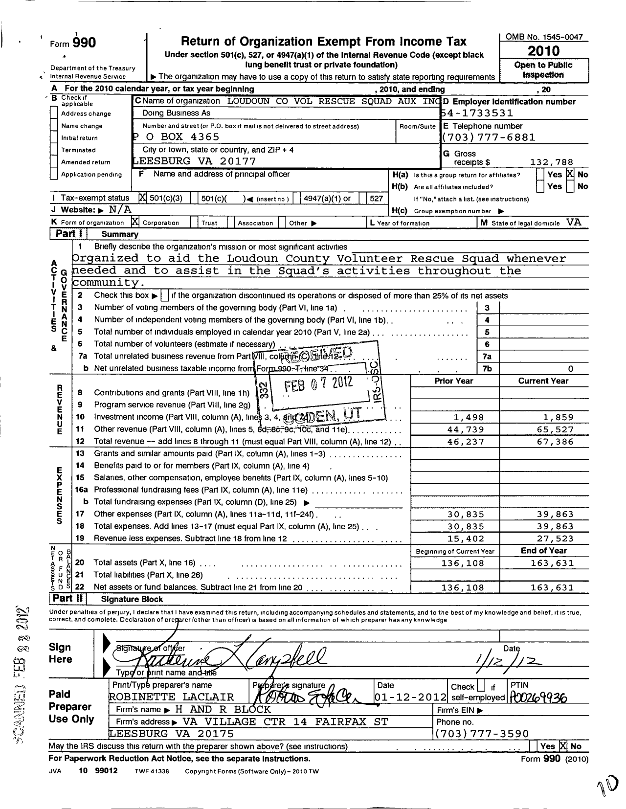 Image of first page of 2010 Form 990 for Loudoun County Volunteer Rescue Squad Auxiliary