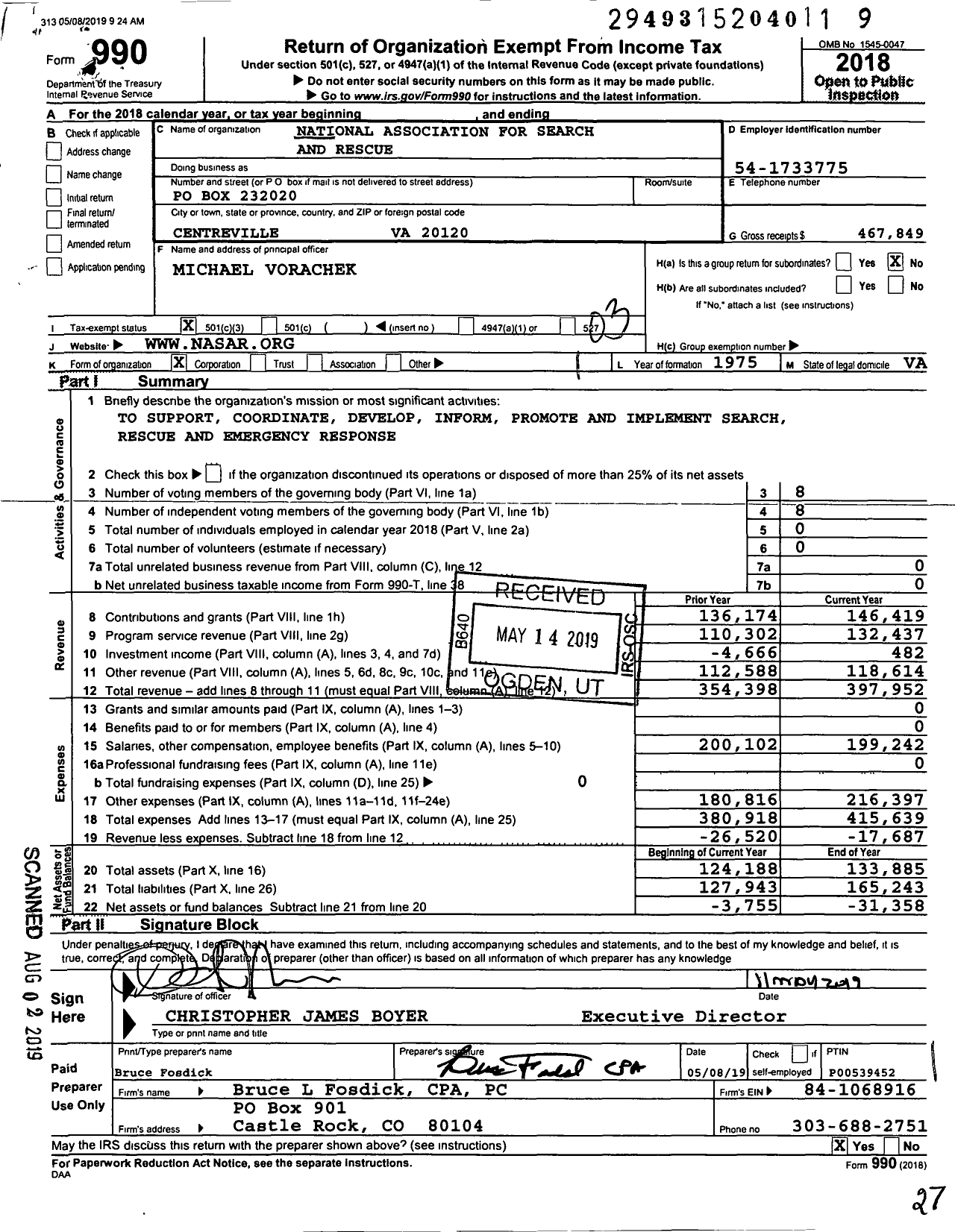 Image of first page of 2018 Form 990 for NATionaL ASSOCIATION FOR SEARCH AND RESCUE