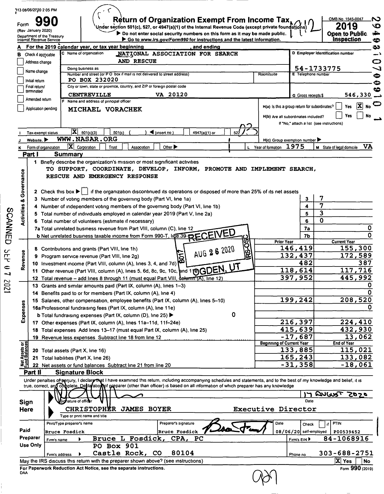 Image of first page of 2019 Form 990 for NATionaL ASSOCIATION FOR SEARCH AND RESCUE