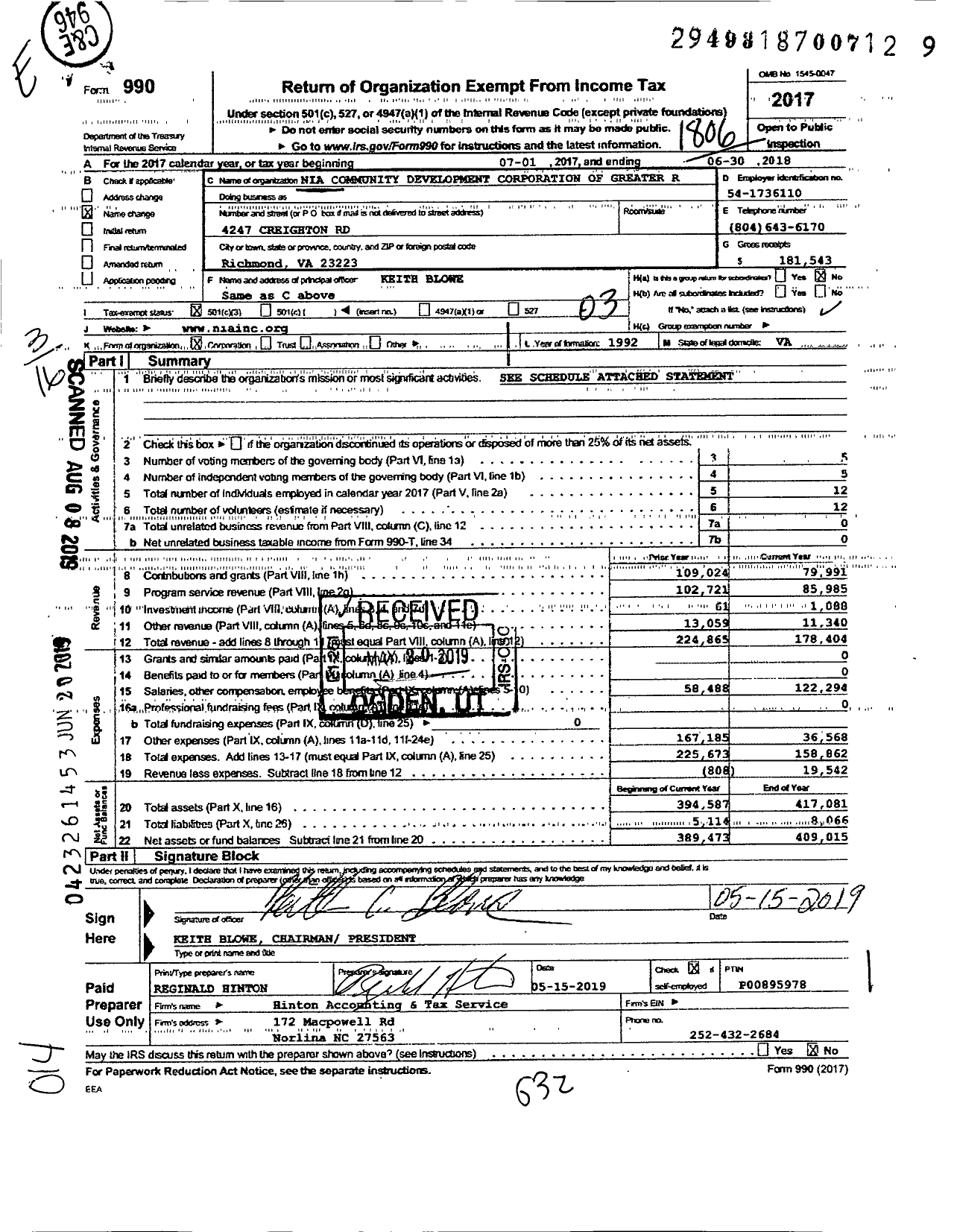 Image of first page of 2017 Form 990 for Nia Community Development Corporation