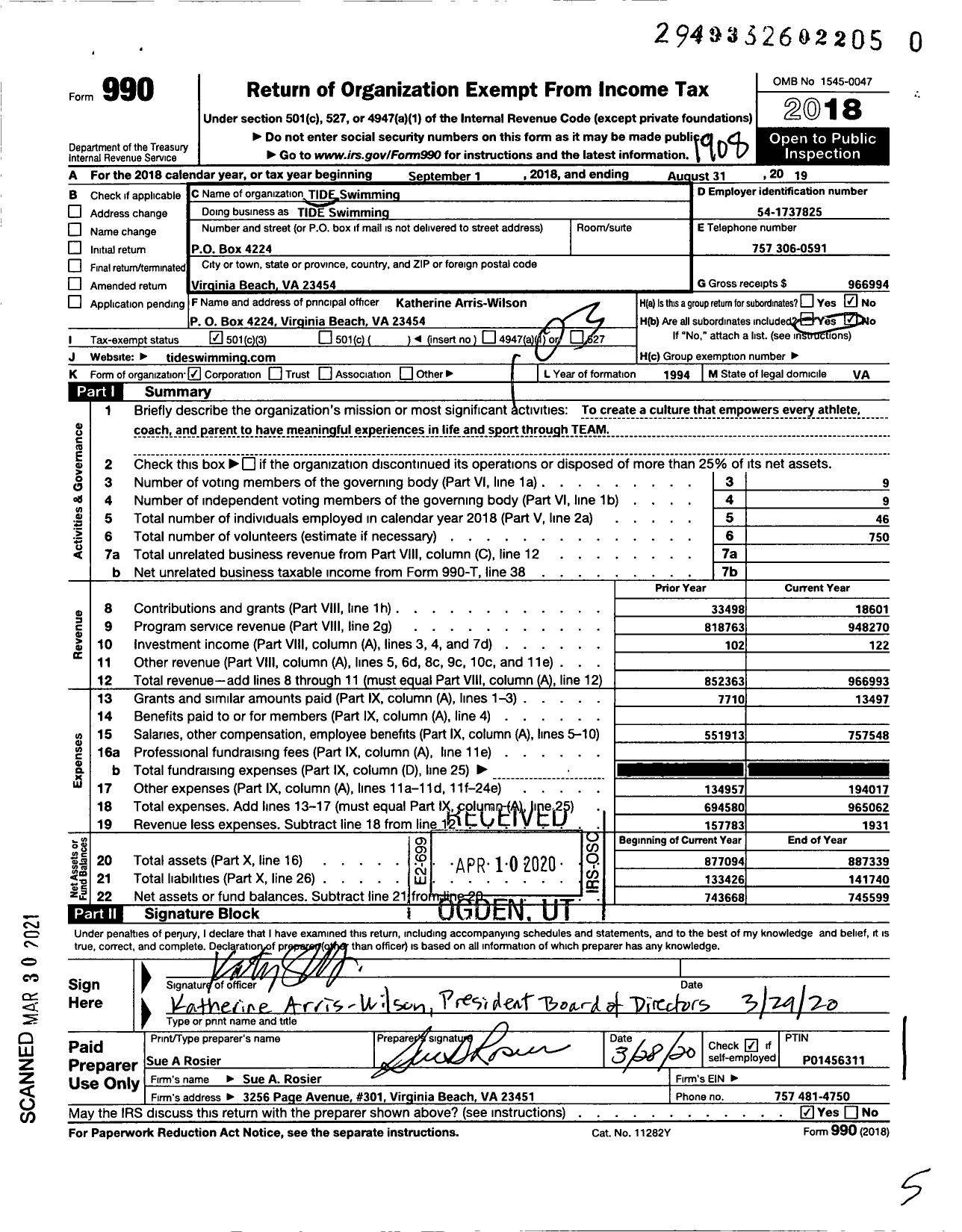 Image of first page of 2018 Form 990 for TIDE Swimming