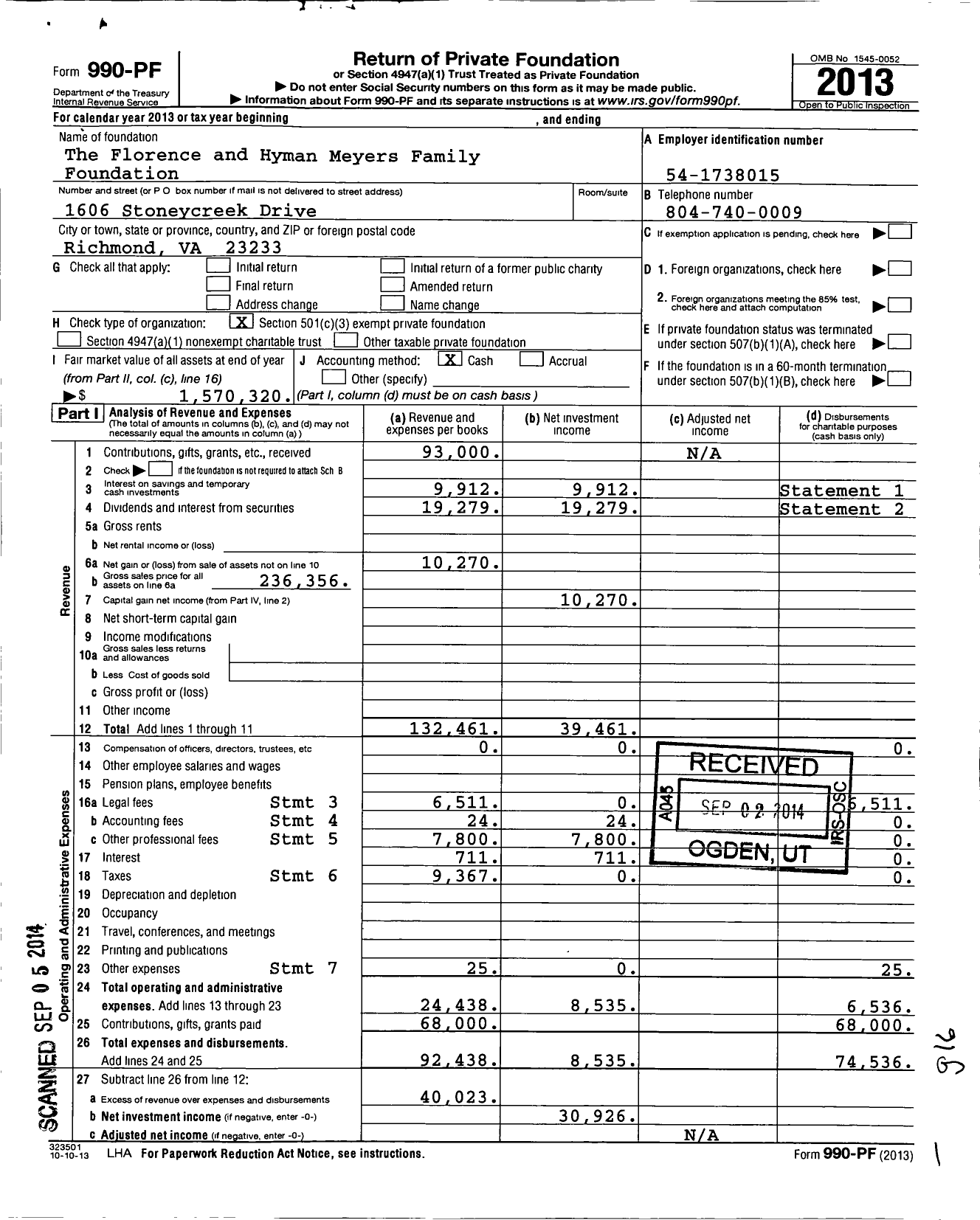 Image of first page of 2013 Form 990PF for Florence and Hyman Meyers Family Foundation