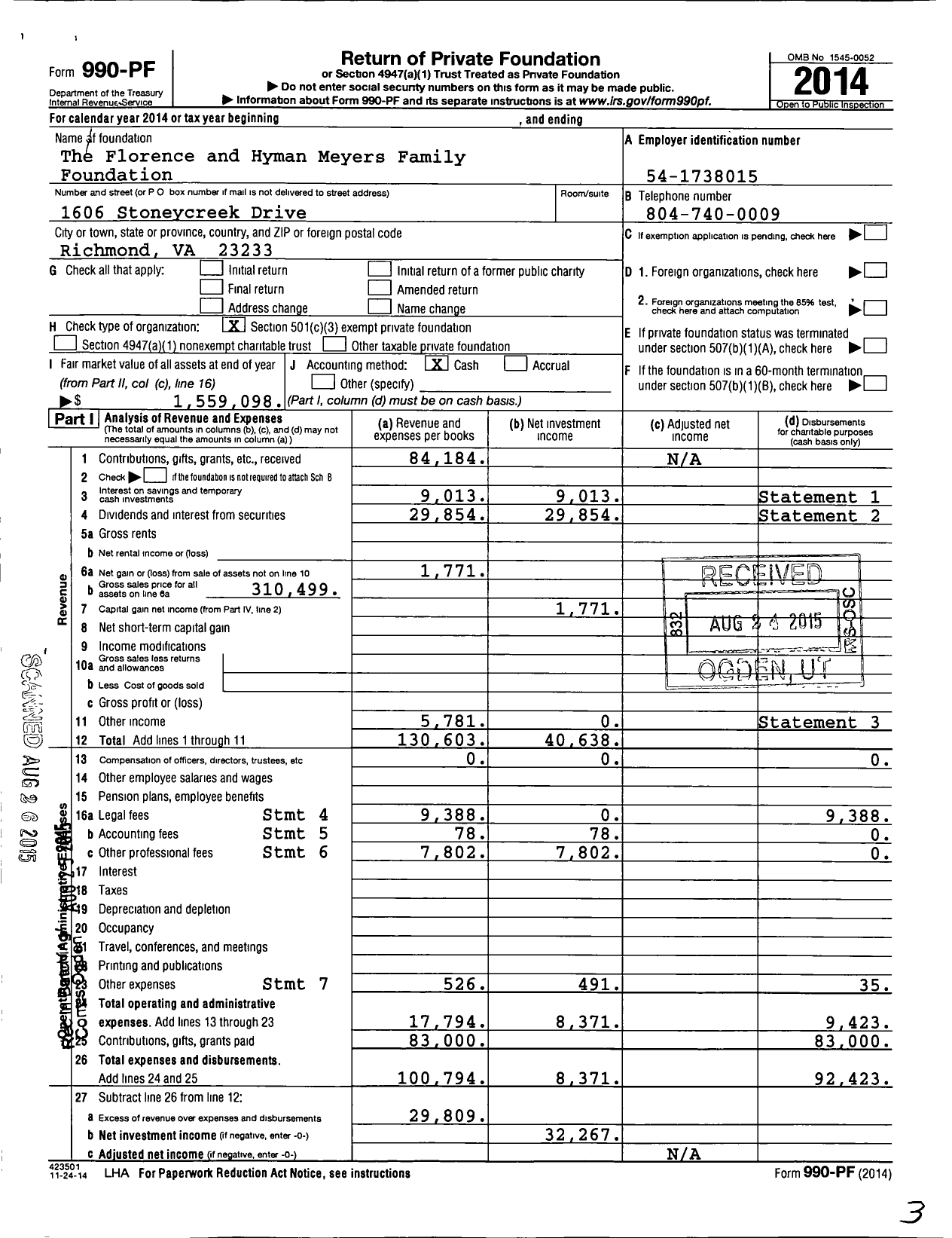Image of first page of 2014 Form 990PF for Florence and Hyman Meyers Family Foundation