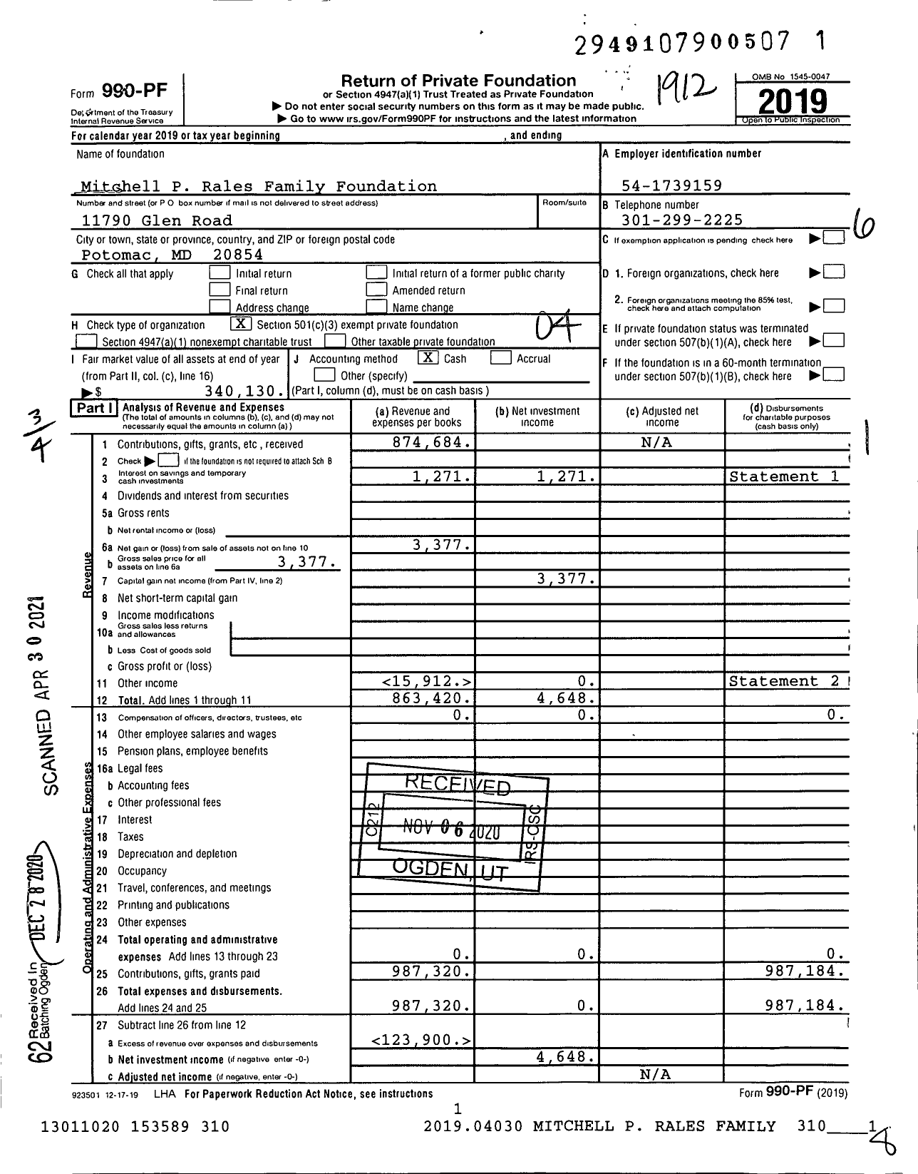 Image of first page of 2019 Form 990PF for Mitchell & Emily Rales Family Foundation