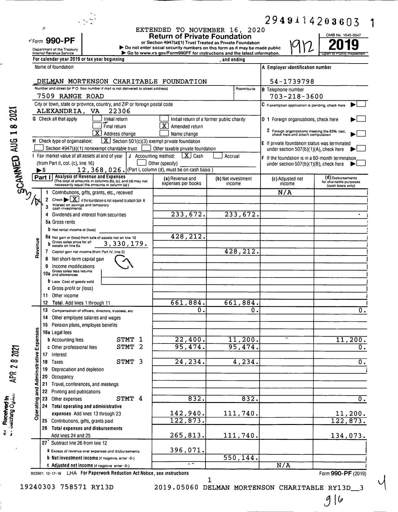 Image of first page of 2019 Form 990PF for Delman Mortenson Charitable Foundation