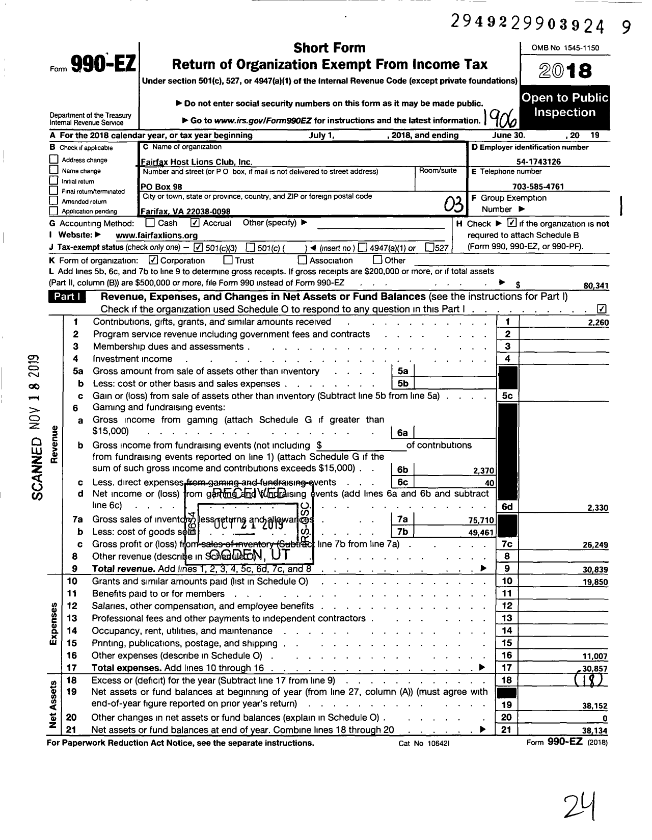 Image of first page of 2018 Form 990EZ for Fairfax Host Lions Club Charities