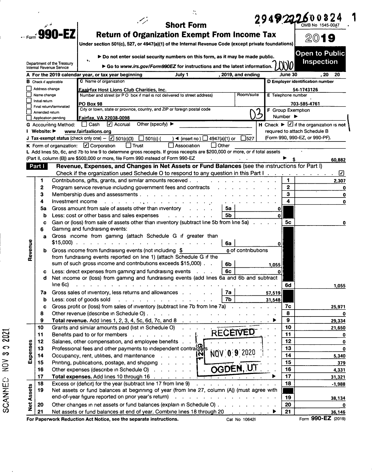 Image of first page of 2019 Form 990EZ for Fairfax Host Lions Club Charities