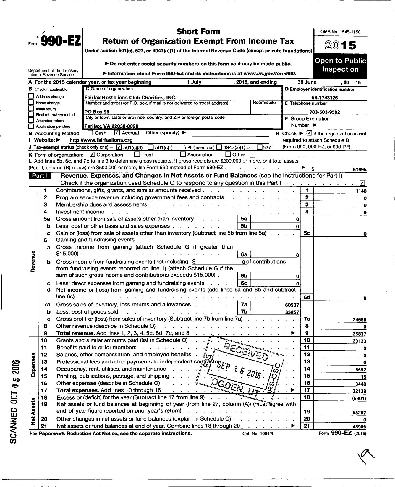 Image of first page of 2015 Form 990EZ for Fairfax Host Lions Club Charities