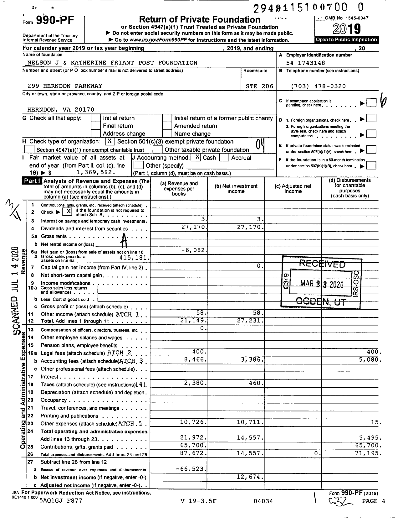 Image of first page of 2019 Form 990PR for Nelson J and Katherine Friant Post Foundation