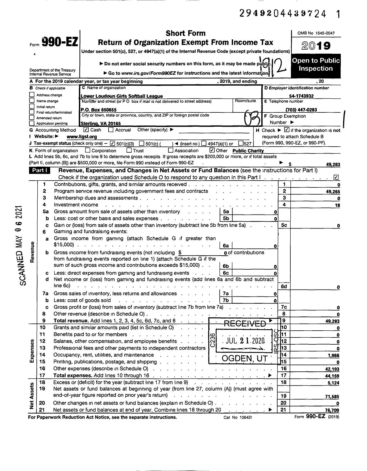 Image of first page of 2019 Form 990EZ for Lower Loudoun Girls Softball League