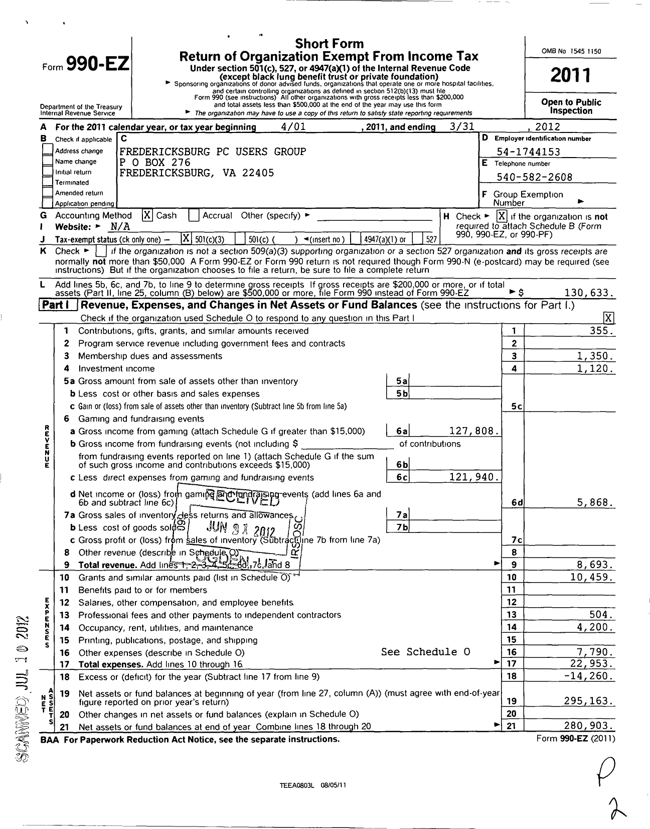 Image of first page of 2011 Form 990EZ for Fredericksburg PC Users Group