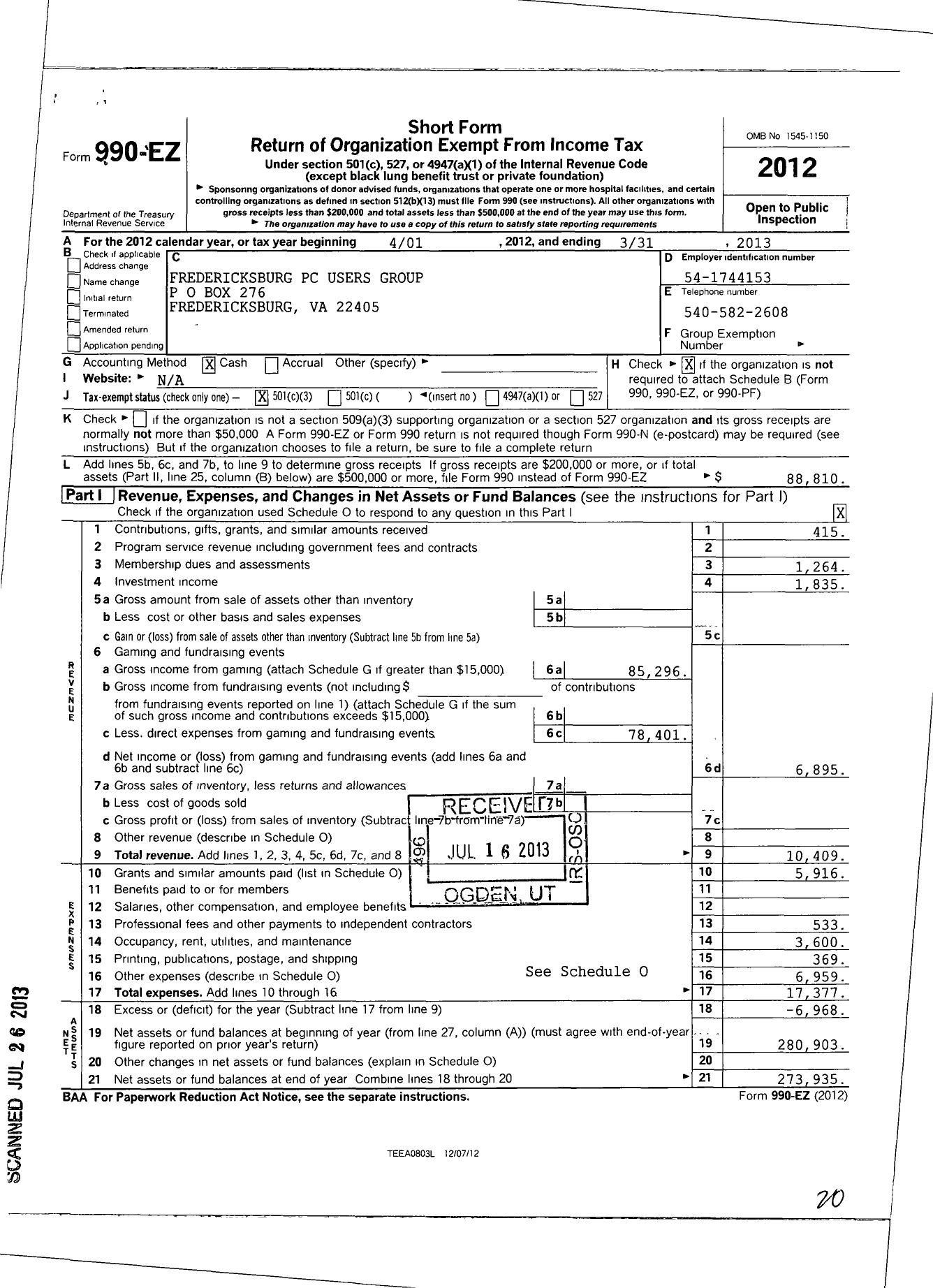 Image of first page of 2012 Form 990EZ for Fredericksburg PC Users Group