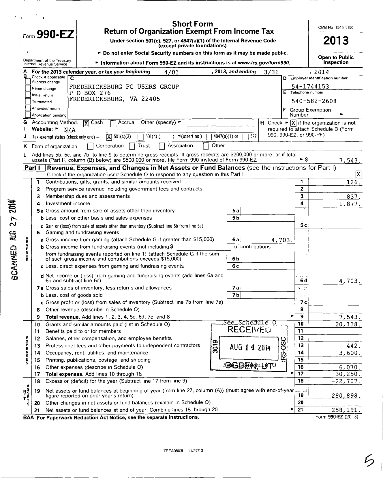 Image of first page of 2013 Form 990EZ for Fredericksburg PC Users Group