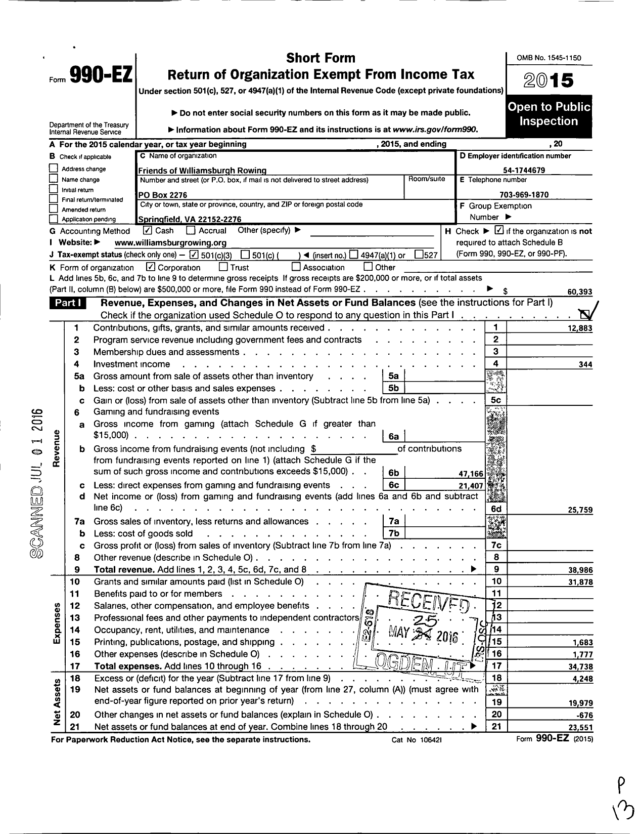 Image of first page of 2015 Form 990EZ for Friends of Williamsburg Rowing