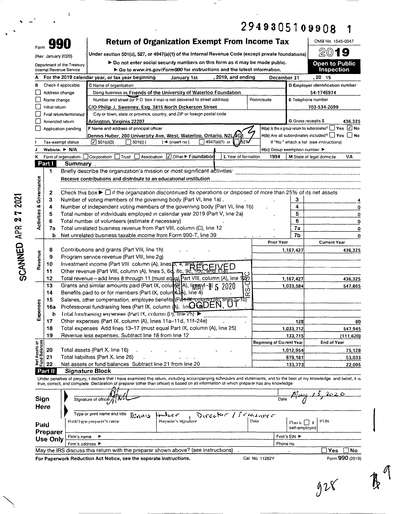 Image of first page of 2019 Form 990 for Friends of the University of Waterloo Foundation