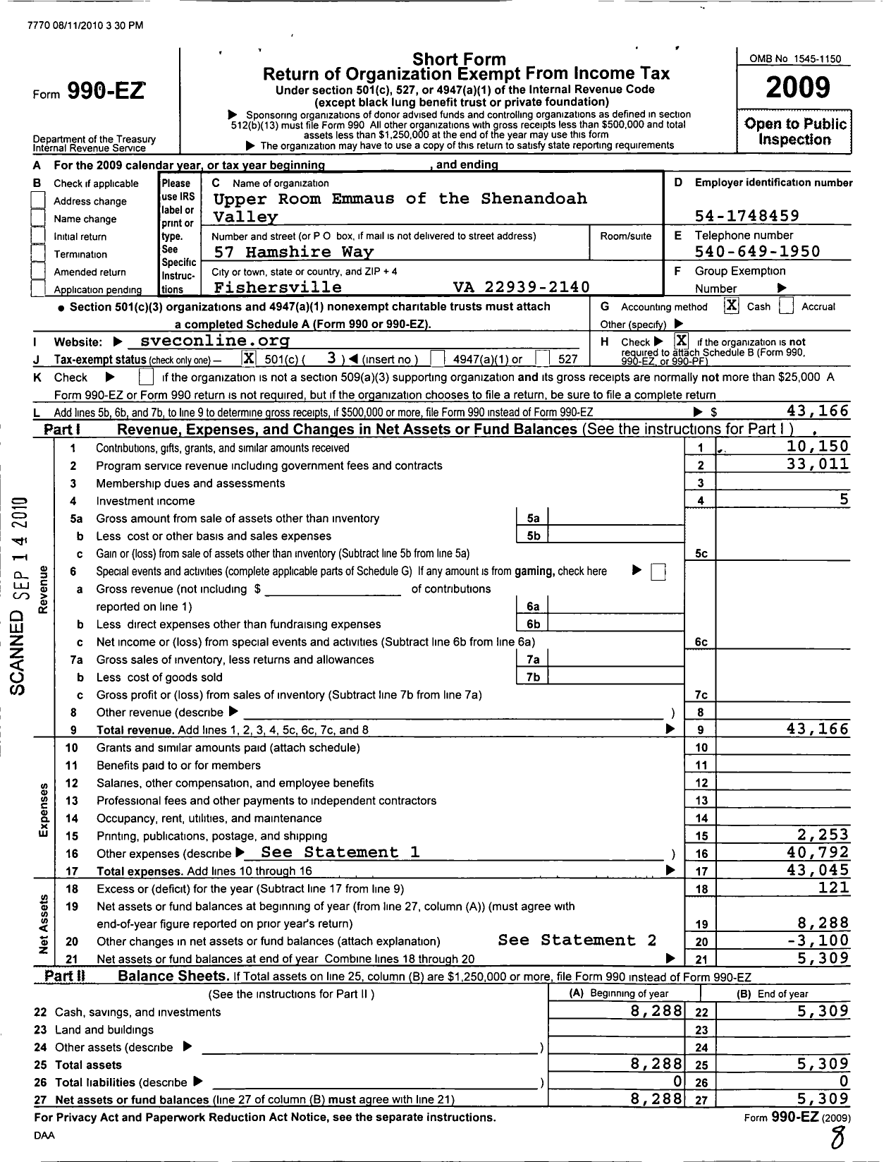 Image of first page of 2009 Form 990EZ for Upper Room Emmaus of the Shenandoah Valley